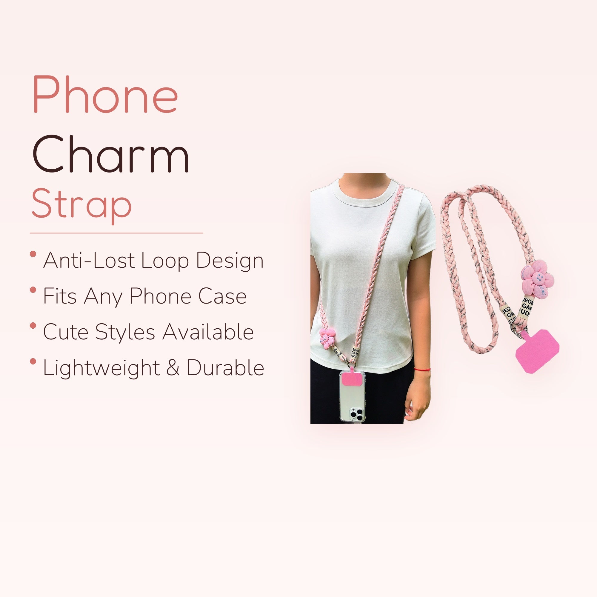 Cute Pink Braided Phone Lanyard | Kawaii Flower Crossbody Phone Strap