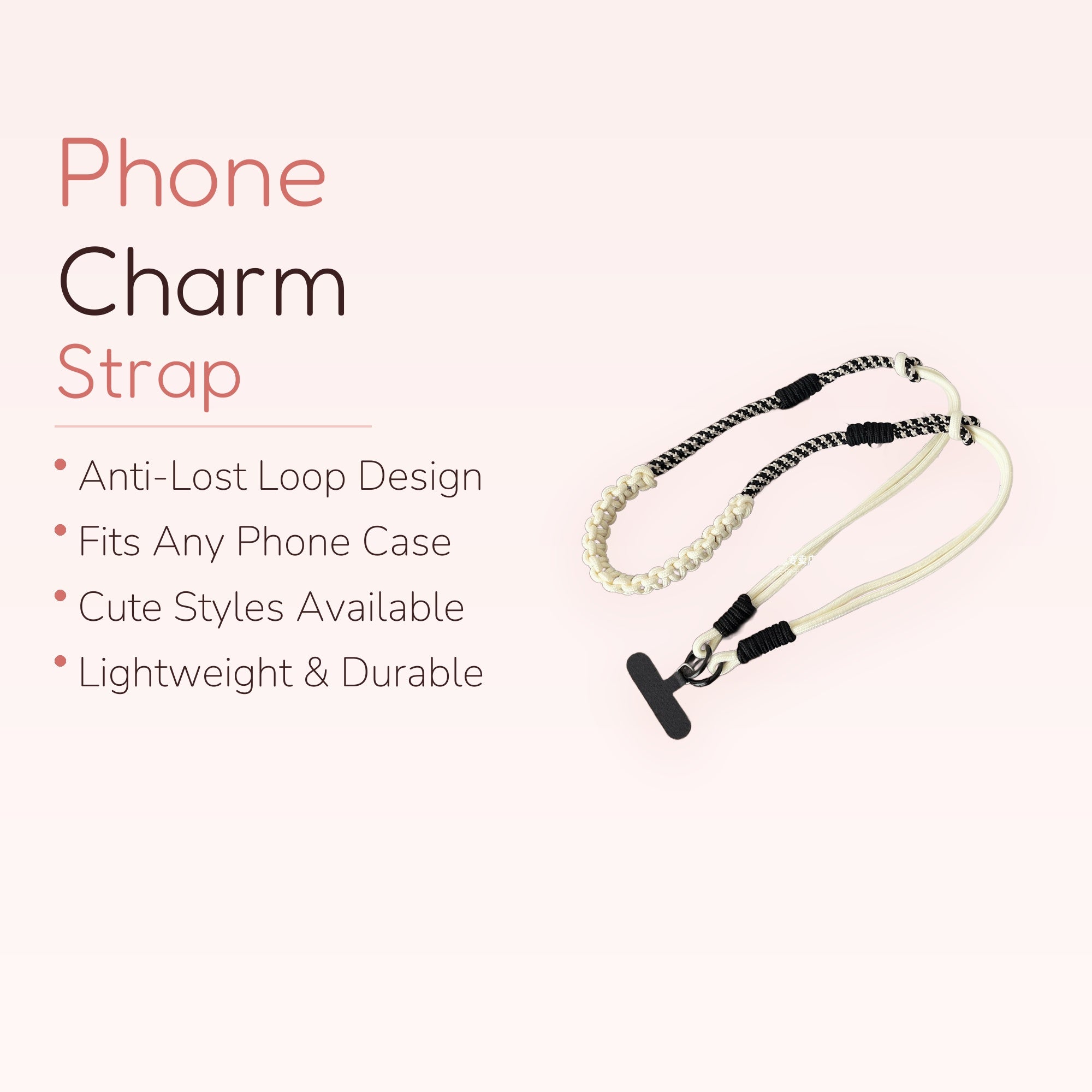 Black & White Houndstooth Braided Phone Lanyard | Aesthetic Woven Wrist Strap