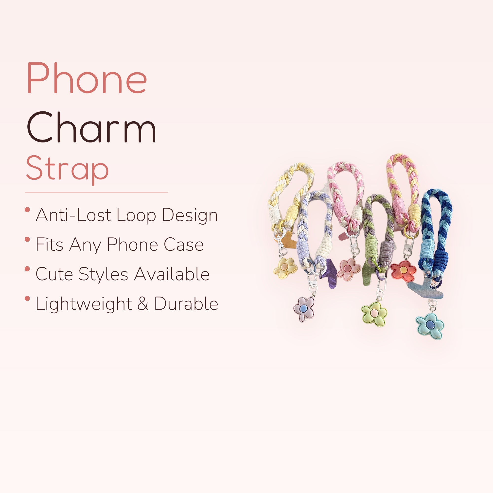 Pastel Braided Wrist Phone Charm | Kawaii Flower & Initial Keychains