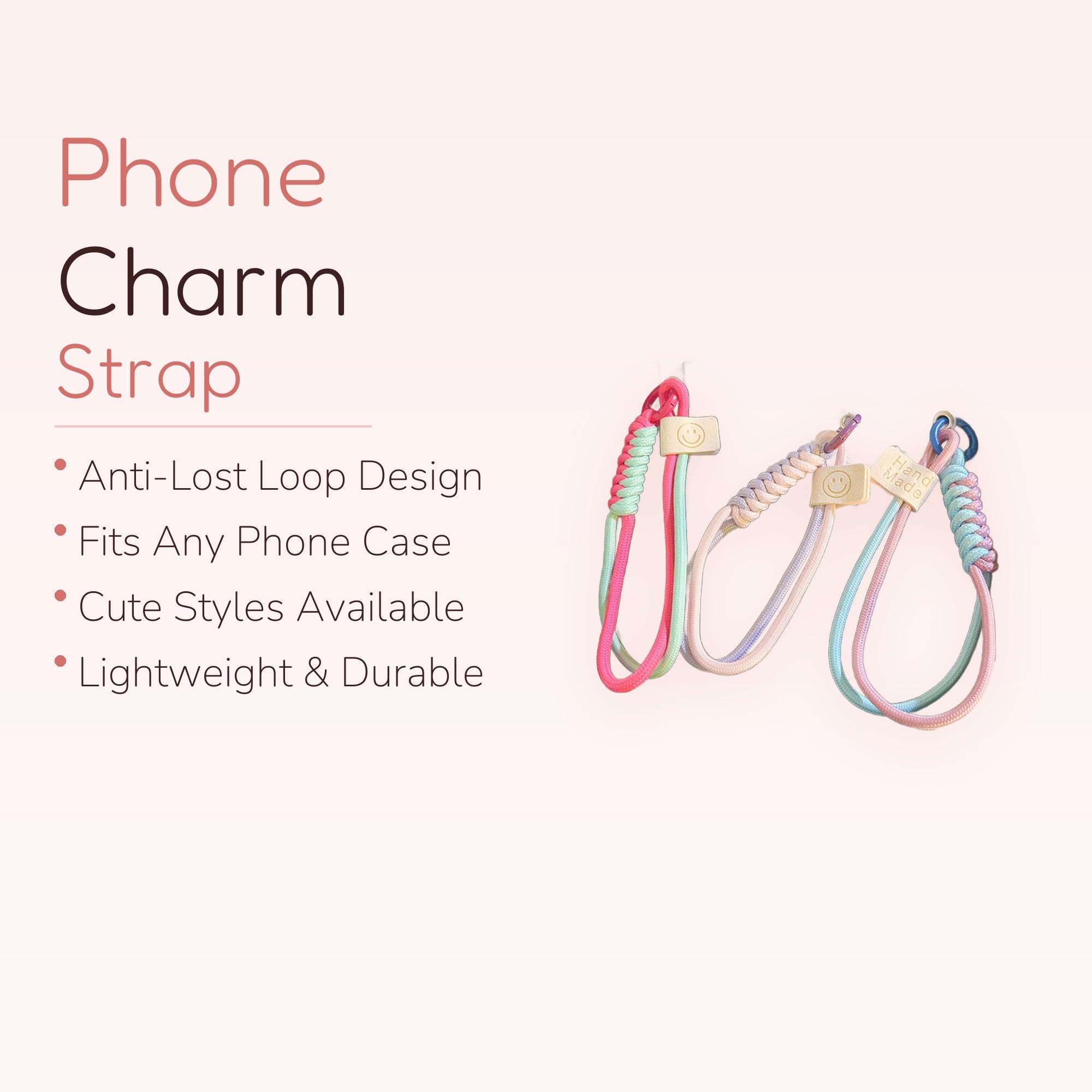 Cute Braided Rope Phone Charm Strap | Pastel Smiley Face Wrist Lanyard