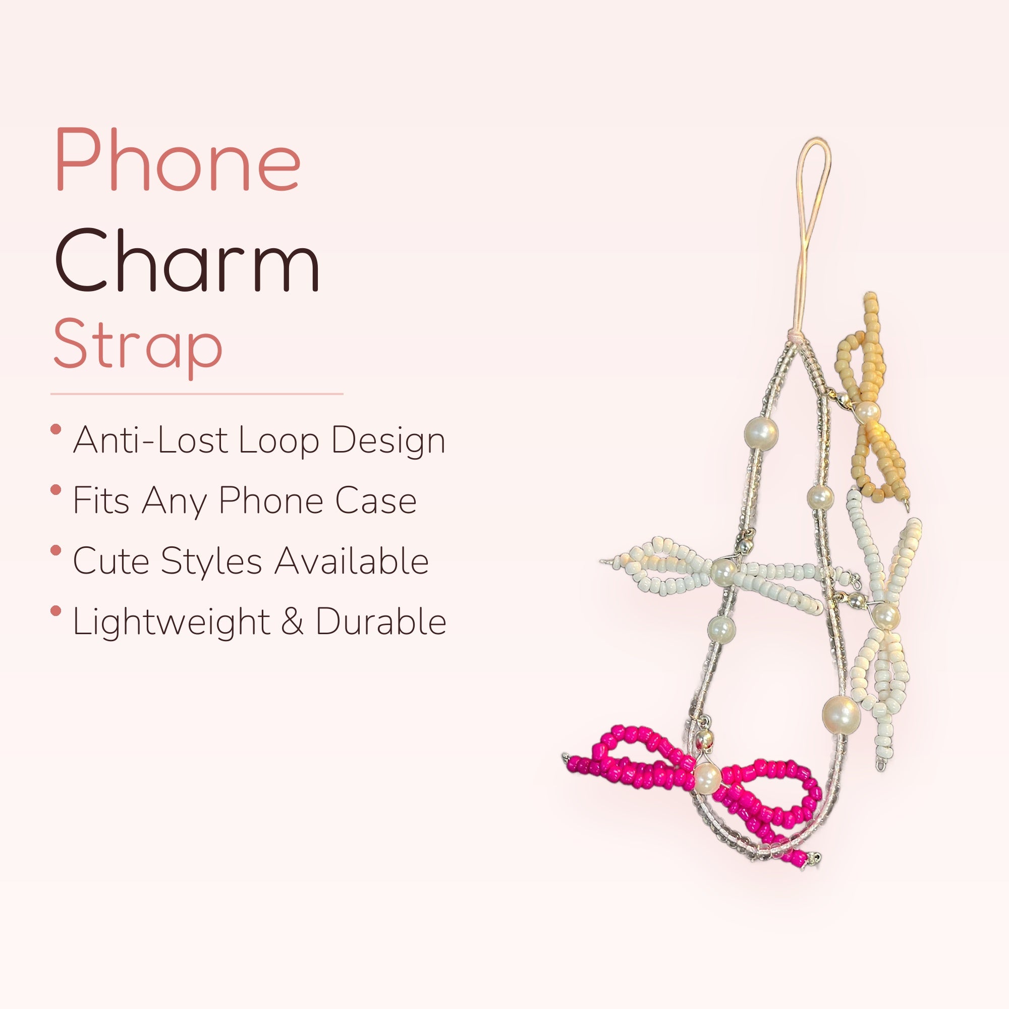 Cute Beaded Bow Phone Charm | Pink & White Pearl Wrist Strap