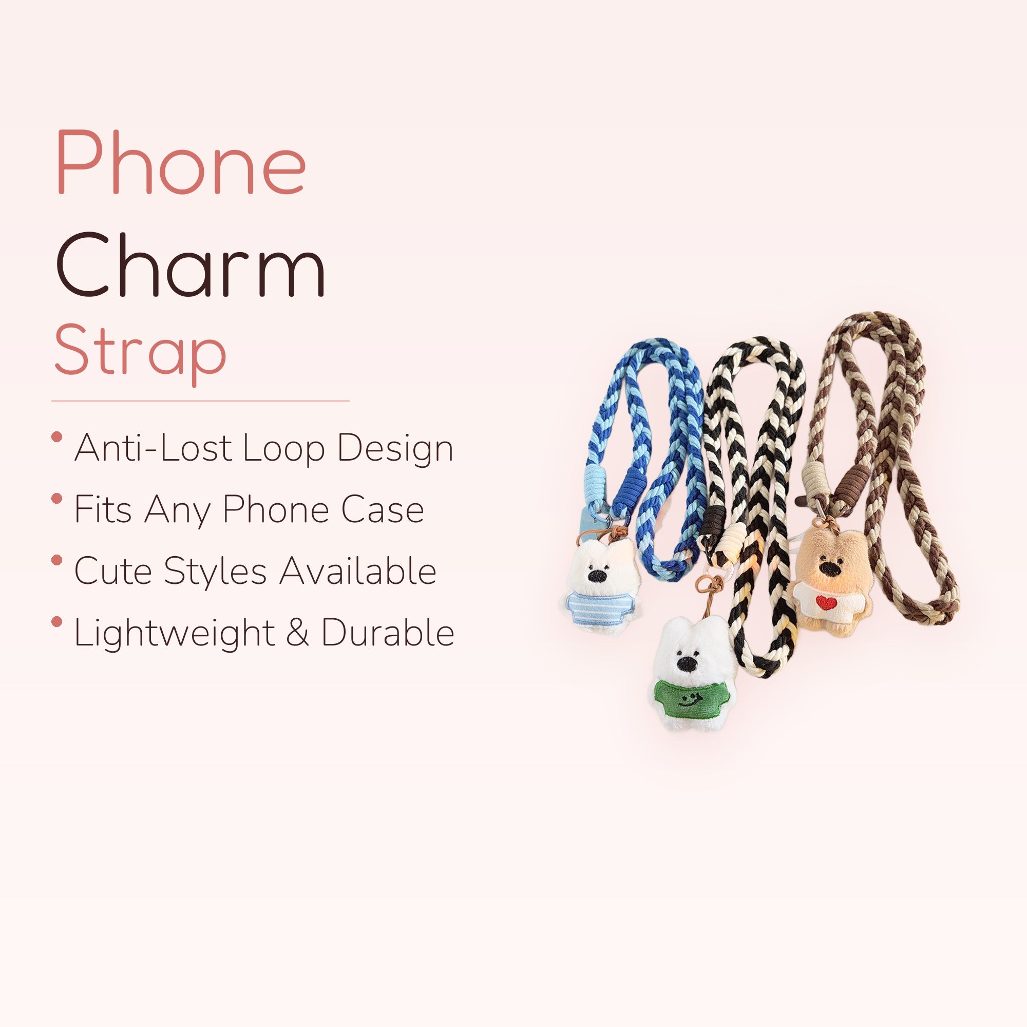 Cute Braided Lanyard Phone Charm | Plush Bear & Doggy Keychains