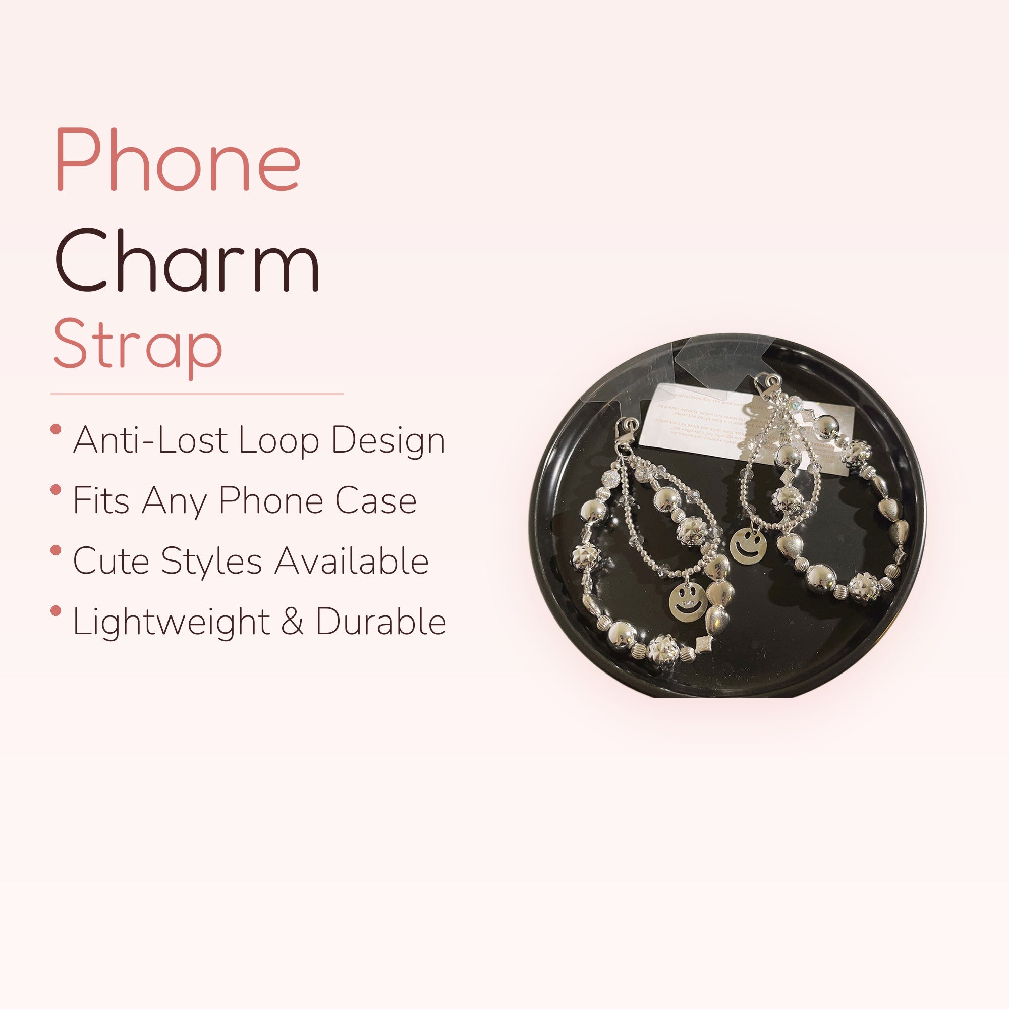 Silver Beaded Smiley Face Phone Charm | Y2K Aesthetic Wrist Lanyard