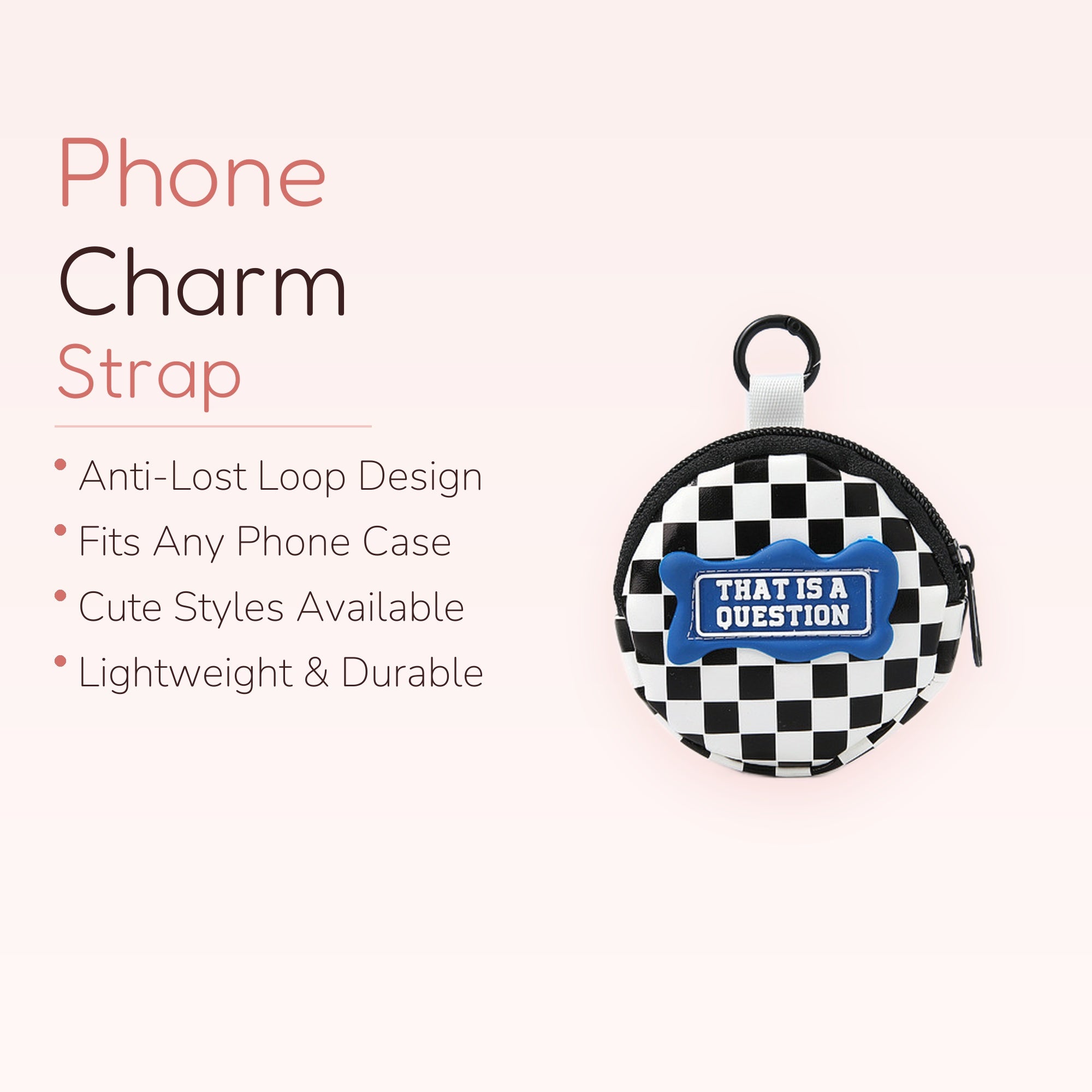 Checkered Circle Coin Pouch Phone Charm | "THAT IS A QUESTION" Keychain