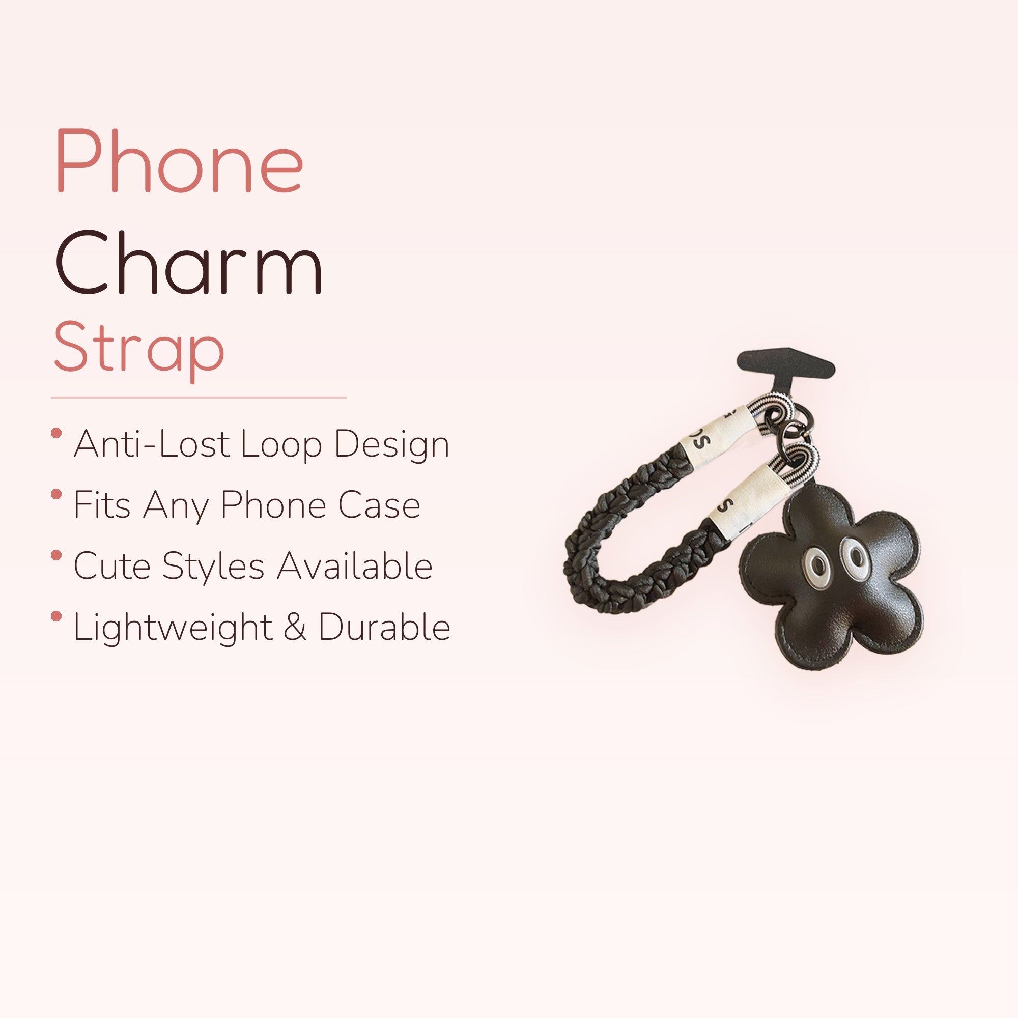 Black Braided Wrist Phone Charm | Cute Flower Face Lanyard