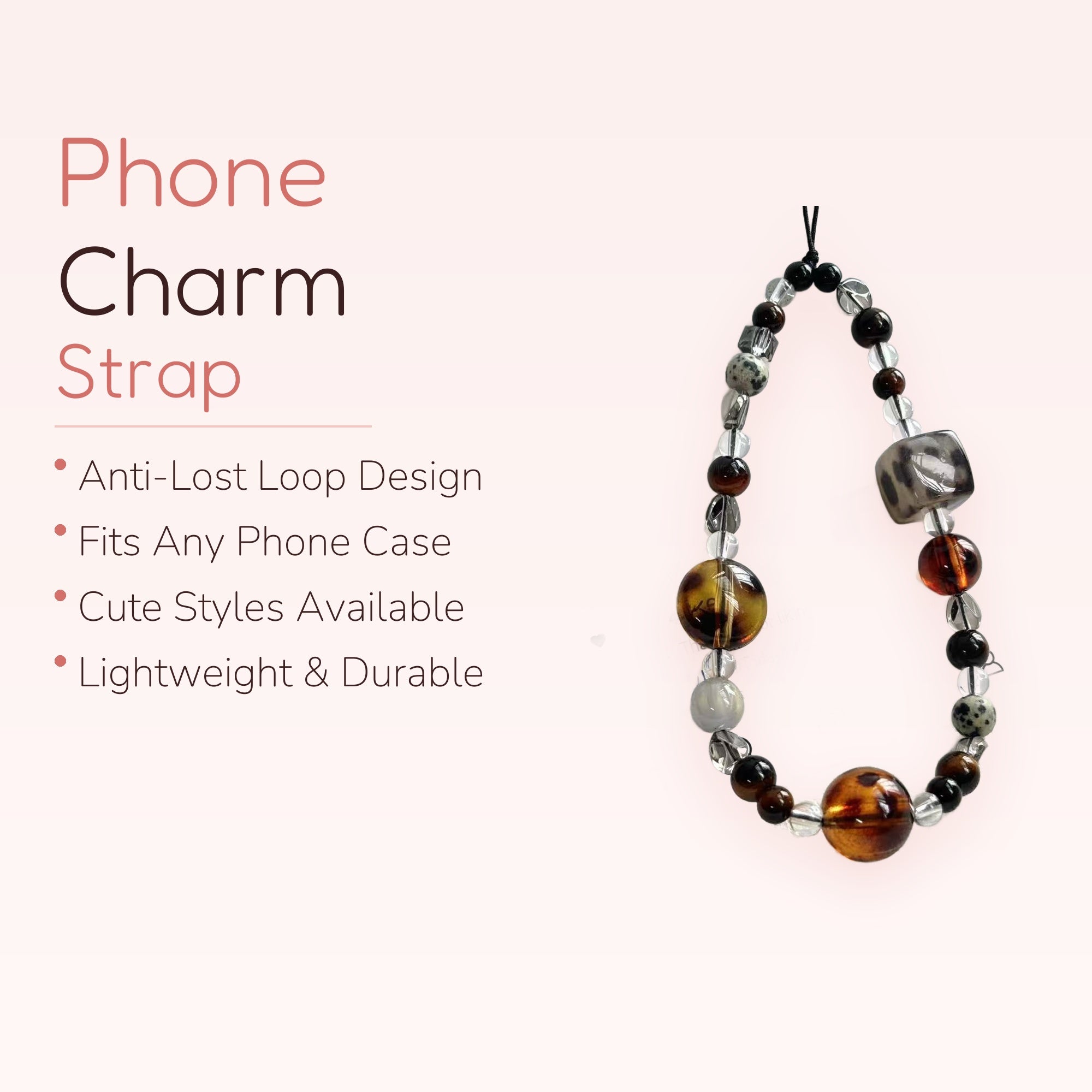 Amber & Clear Beaded Phone Charm Strap | Aesthetic Tortoiseshell Wrist Lanyard