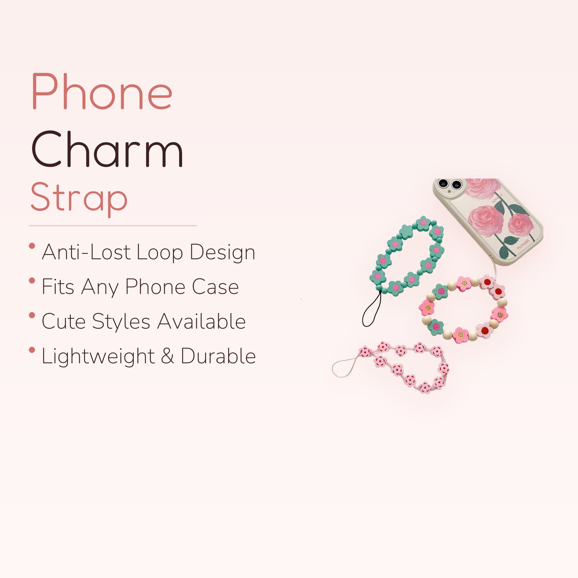 Kawaii Flower Bead Phone Charm Strap | Cute Wooden Wrist Lanyard