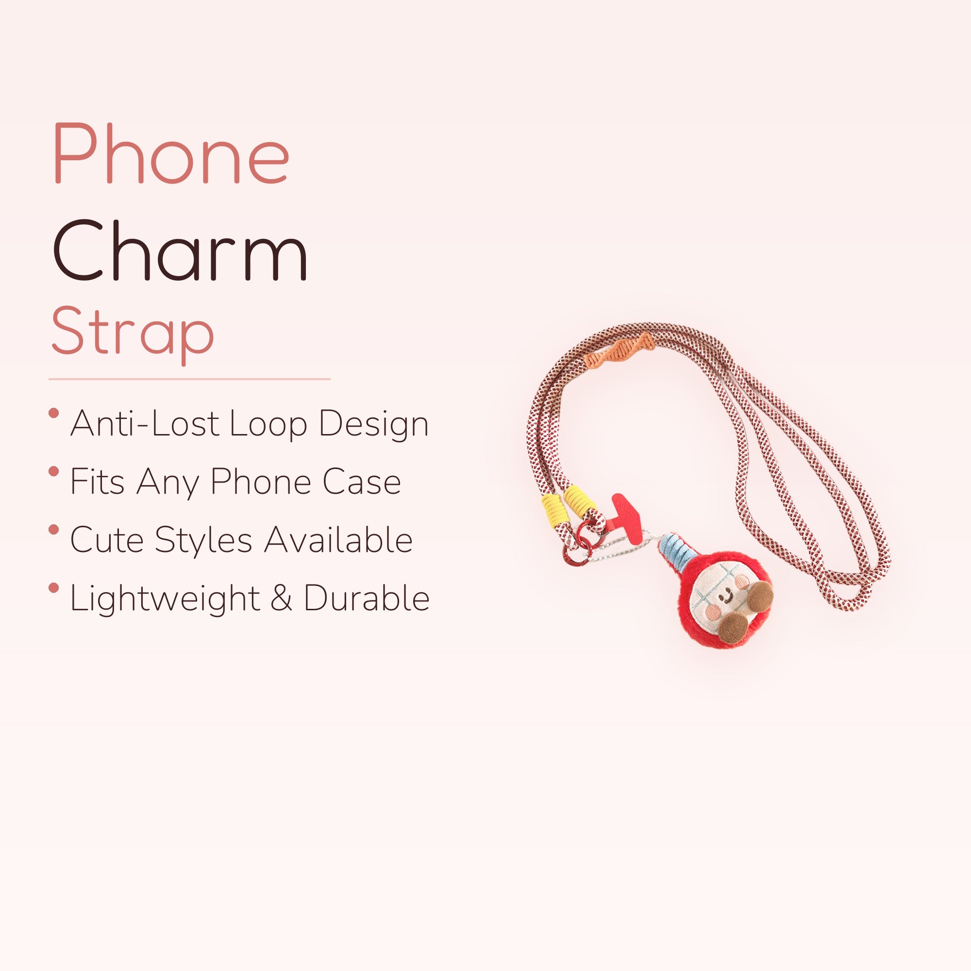 Cute Red & White Rope Phone Lanyard | Kawaii Plush Character Phone Strap