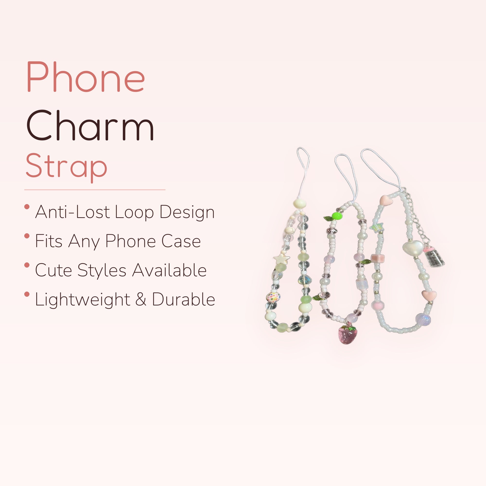 Kawaii Pastel Beaded Phone Charm Strap | Cute Pearl & Strawberry Wrist Lanyard