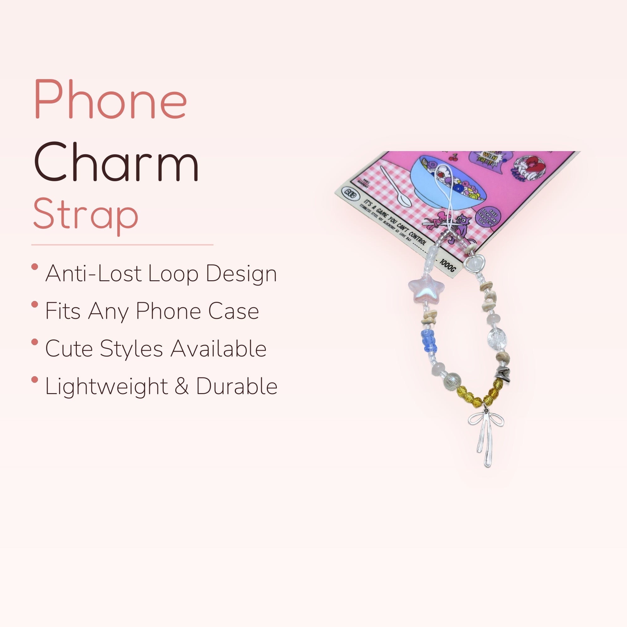Pastel Beaded Phone Charm Strap | Cute Star & Bow Wrist Lanyard