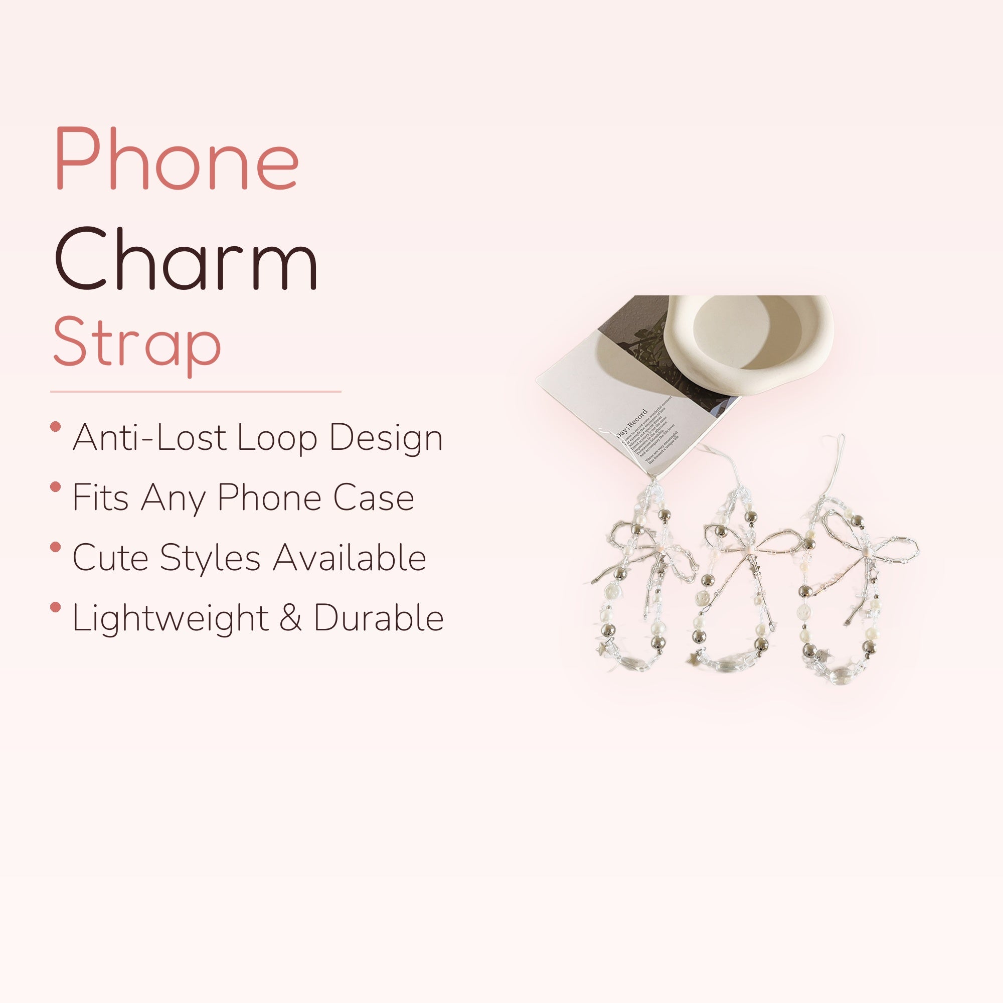 Clear Beaded Pearl & Silver Star Phone Charm | Aesthetic Wrist Lanyard