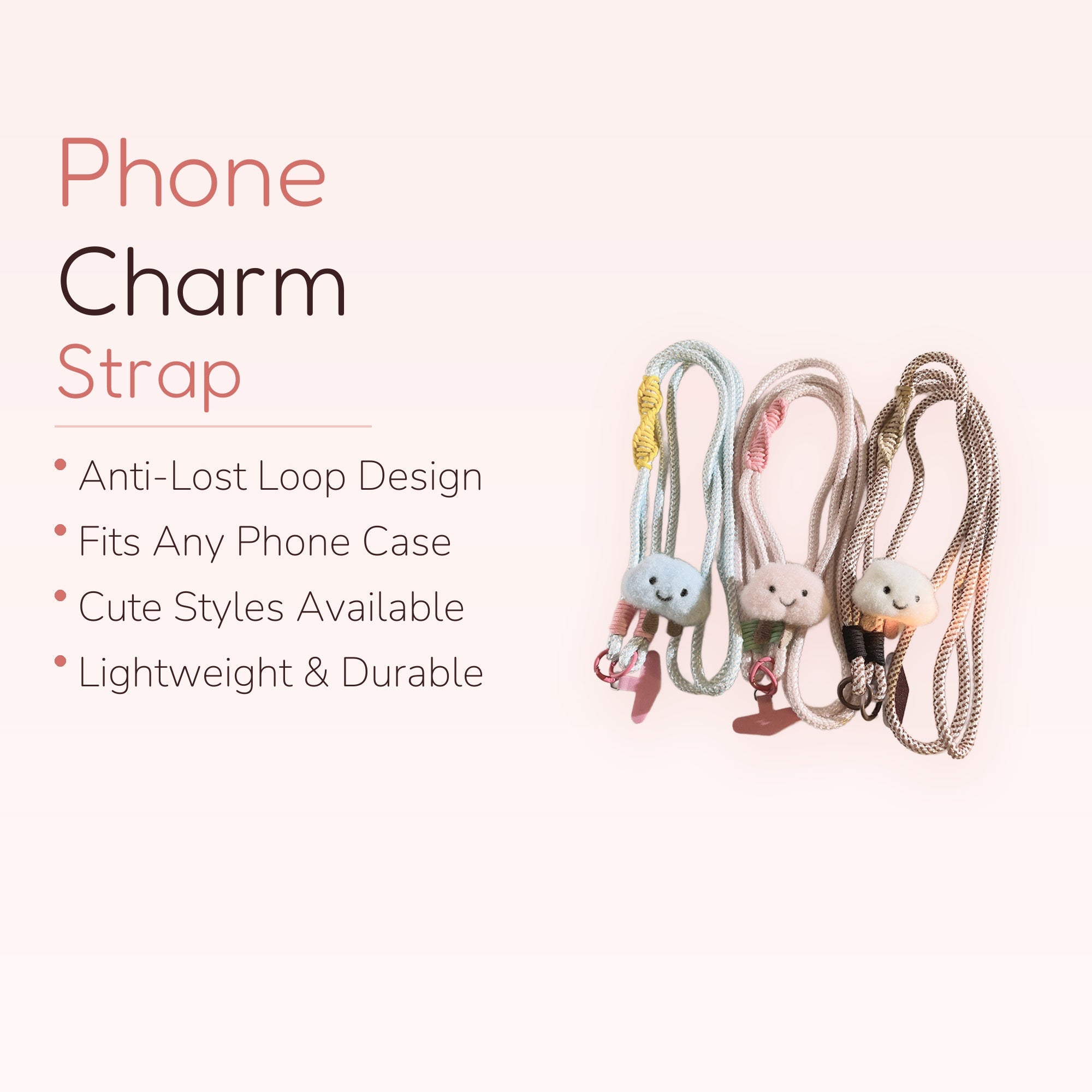 Cute Cloud Plush Phone Lanyard | Pastel Braided Crossbody Strap with Smiley Face