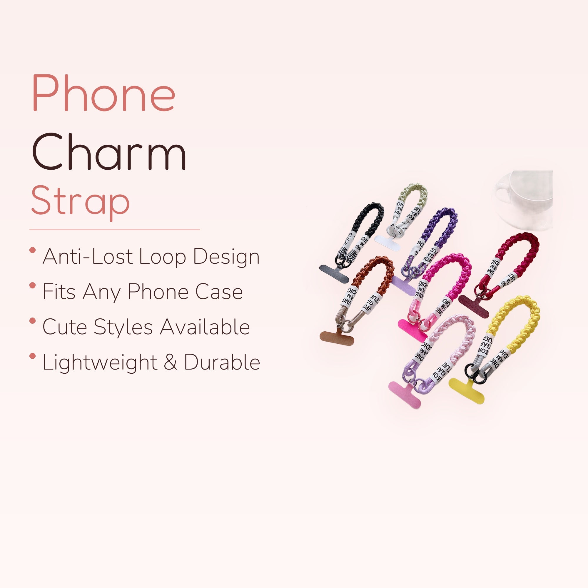 Braided Rope Phone Charm Strap | Colorful Wrist Lanyard with Text Detail