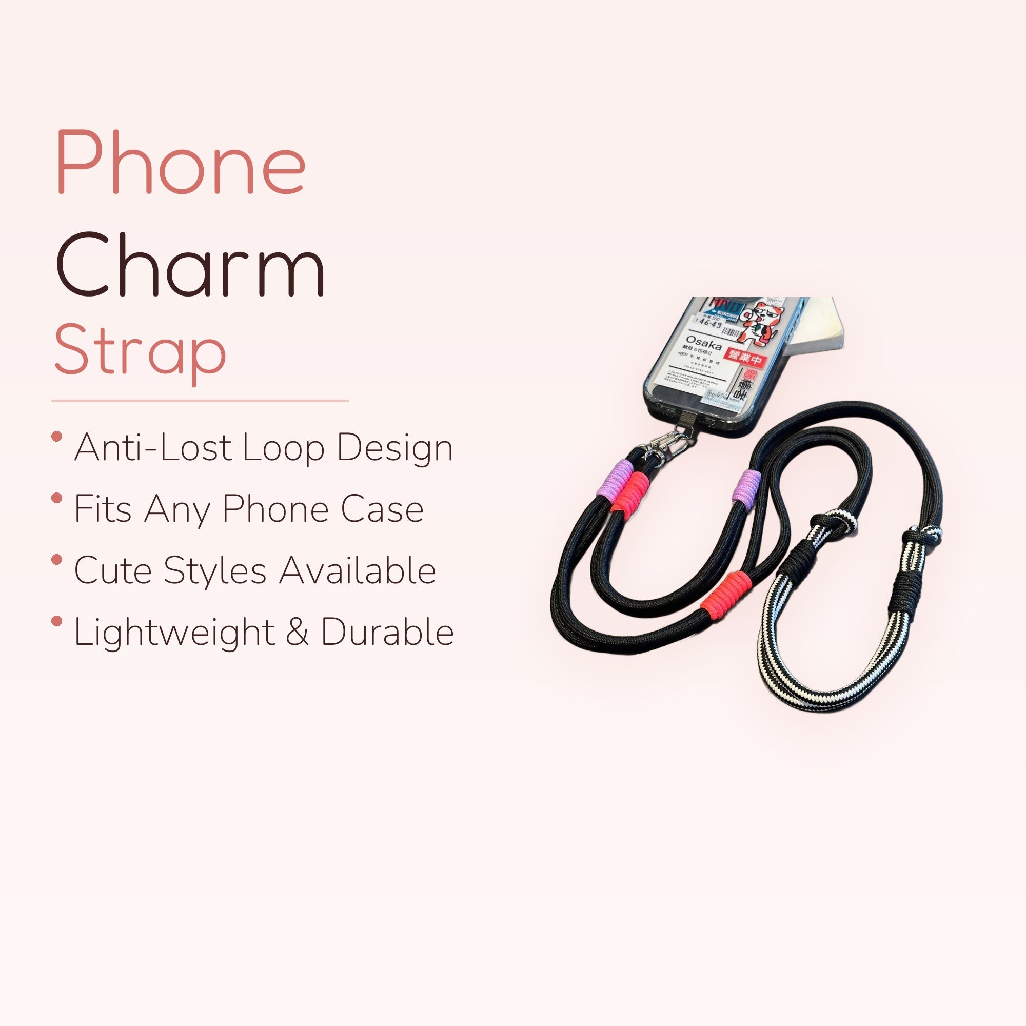 Black & White Striped Rope Phone Lanyard | Adjustable Crossbody Strap with Pink & Purple Accents