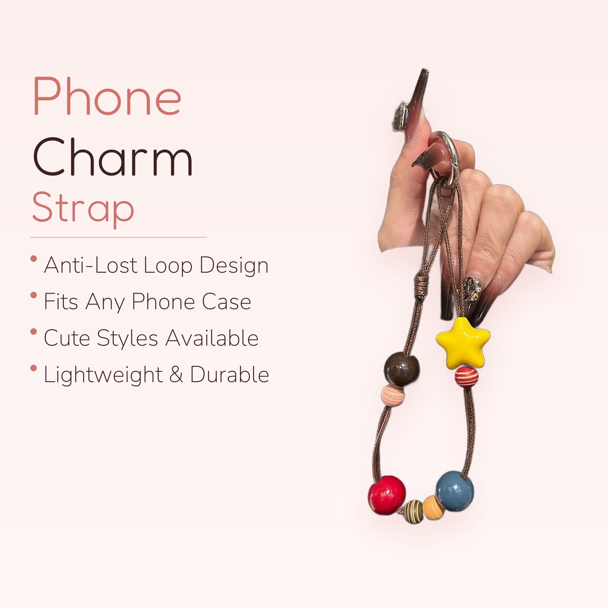 Cute Star & Beaded Phone Charm Strap | Aesthetic Wooden Bead Wrist Lanyard