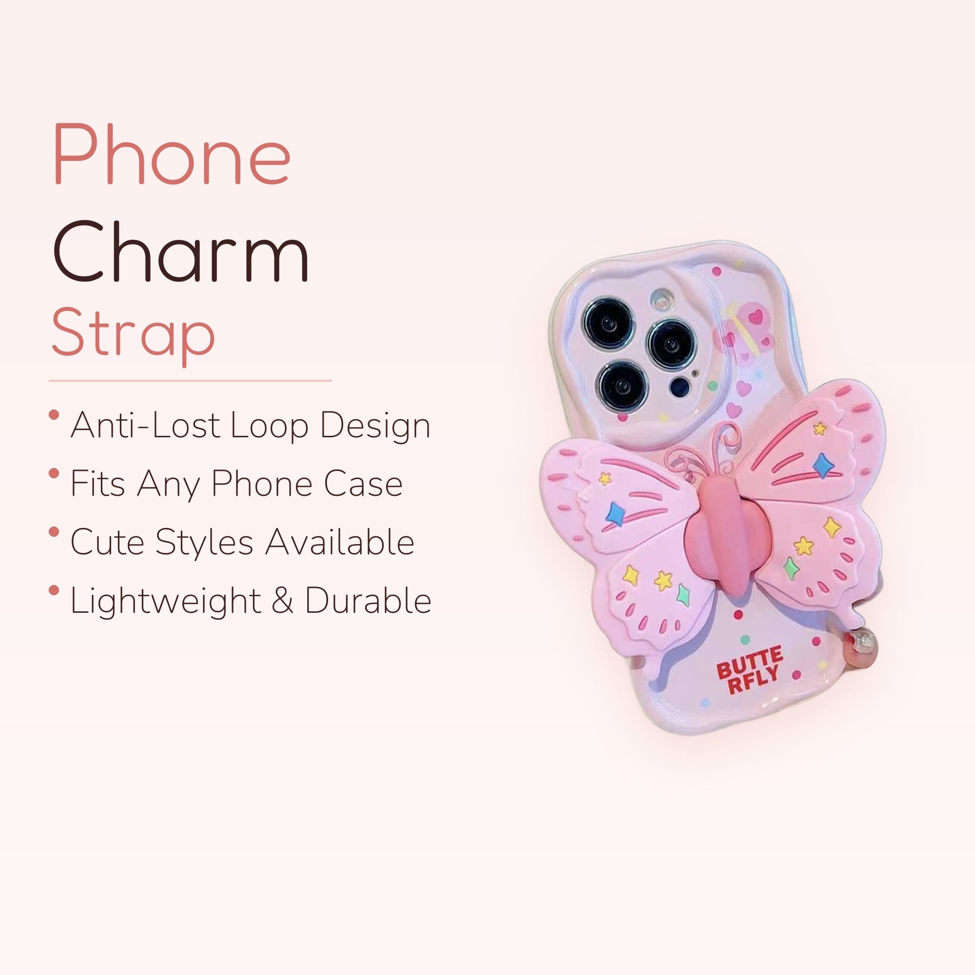 Pink Butterfly Phone Grip | Kawaii 3D Pop Socket Stand with Confetti Hearts