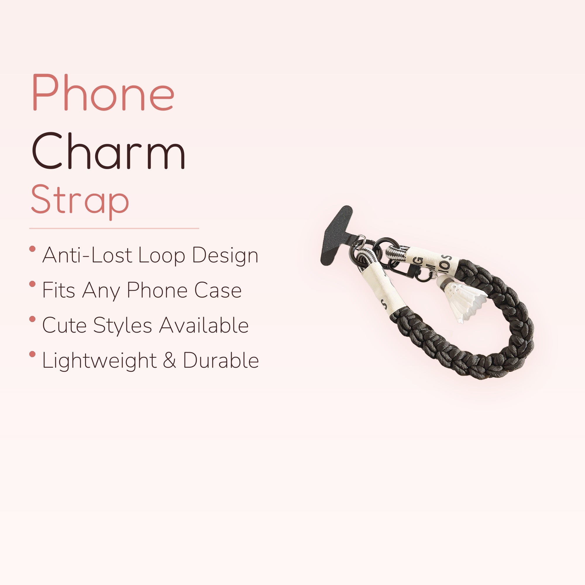 Aesthetic Black Braided Phone Charm | Cute Badminton Shuttlecock Wrist Lanyard