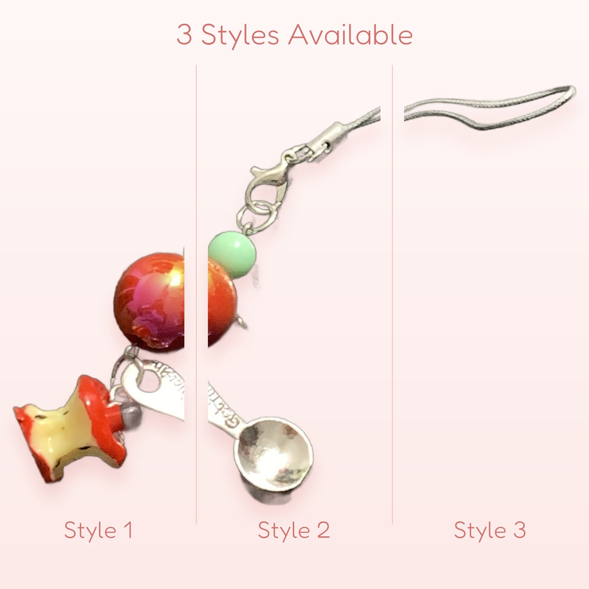 Cute Apple Core & Spoon Phone Charm | Aesthetic Red Beaded Strap