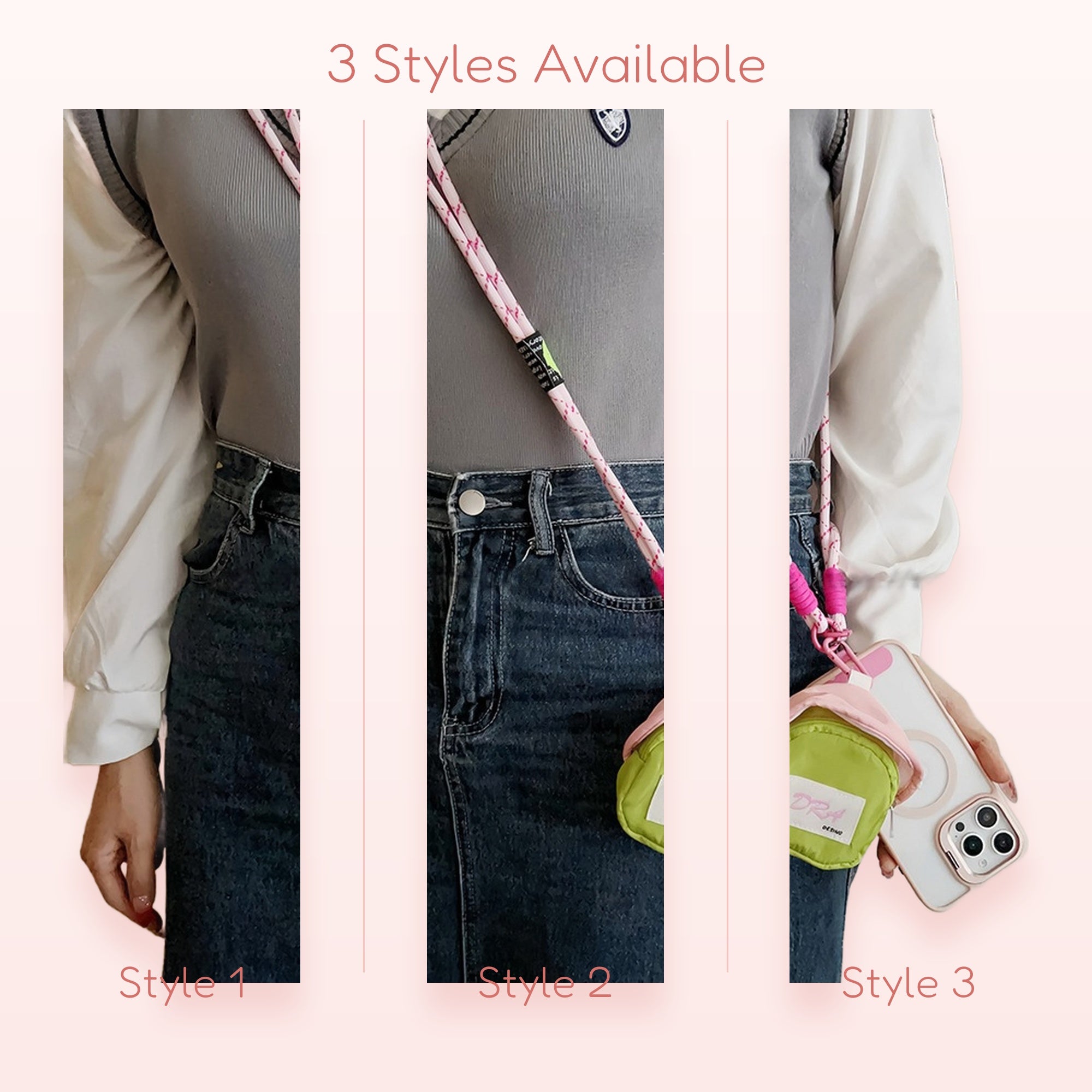 Pink & White Rope Phone Lanyard with Mini Green Pouch | Aesthetic Crossbody Phone Strap