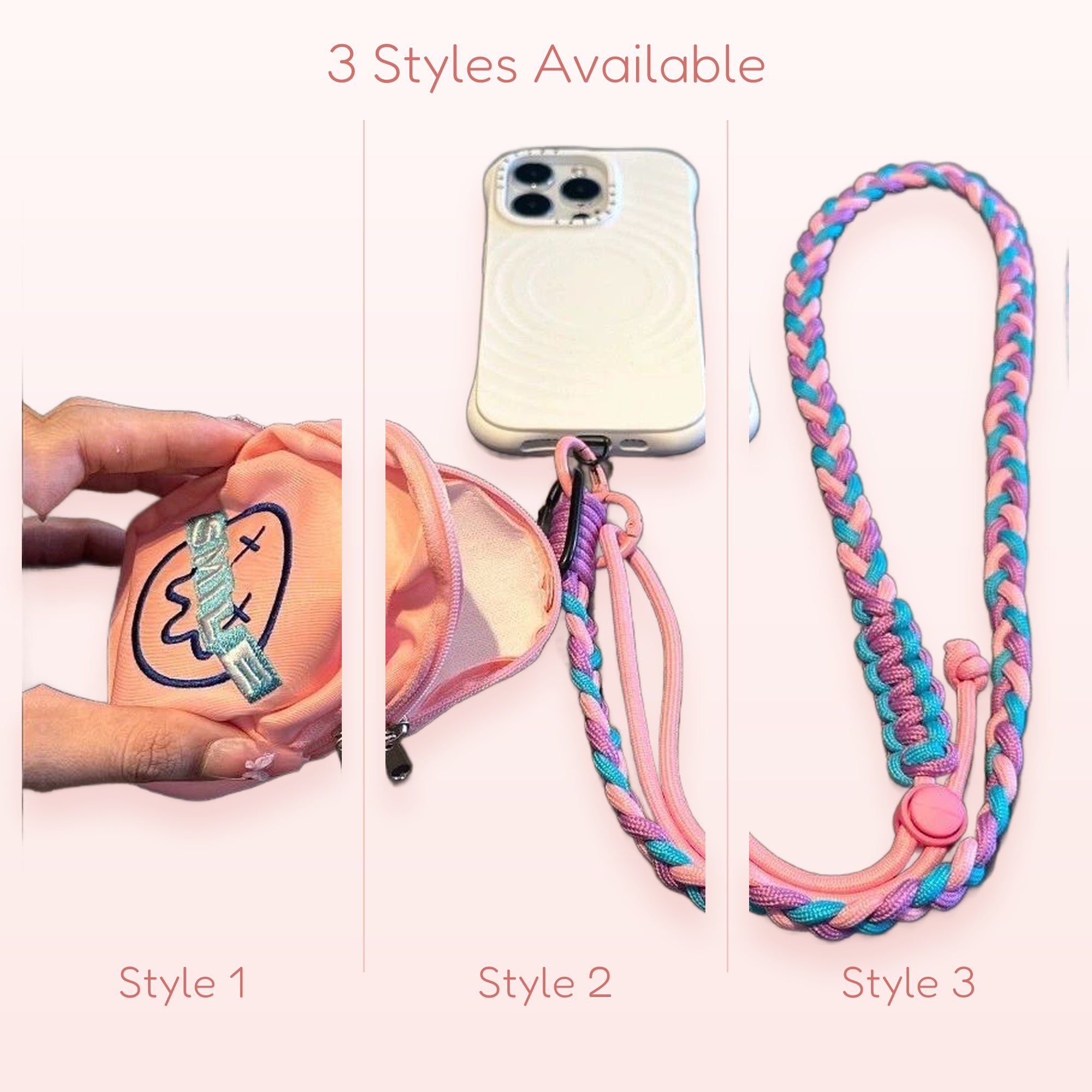 Braided Pastel Pink, Purple & Blue Phone Lanyard with Mini Pouch | Aesthetic Crossbody Strap