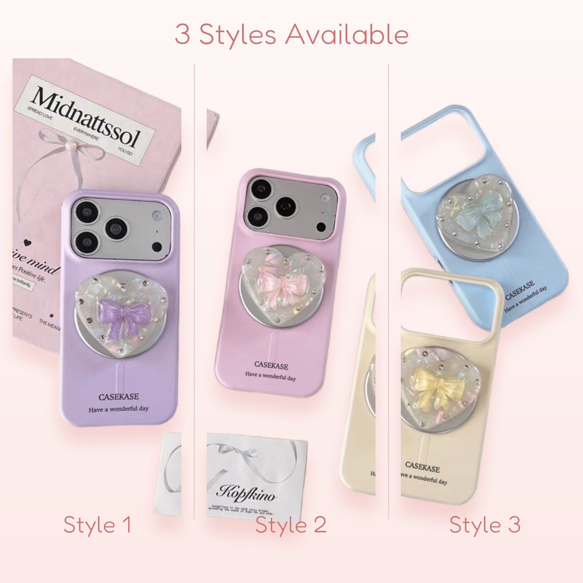 Pastel Heart Bow Phone Grip | Cute Iridescent Pop Socket Stand