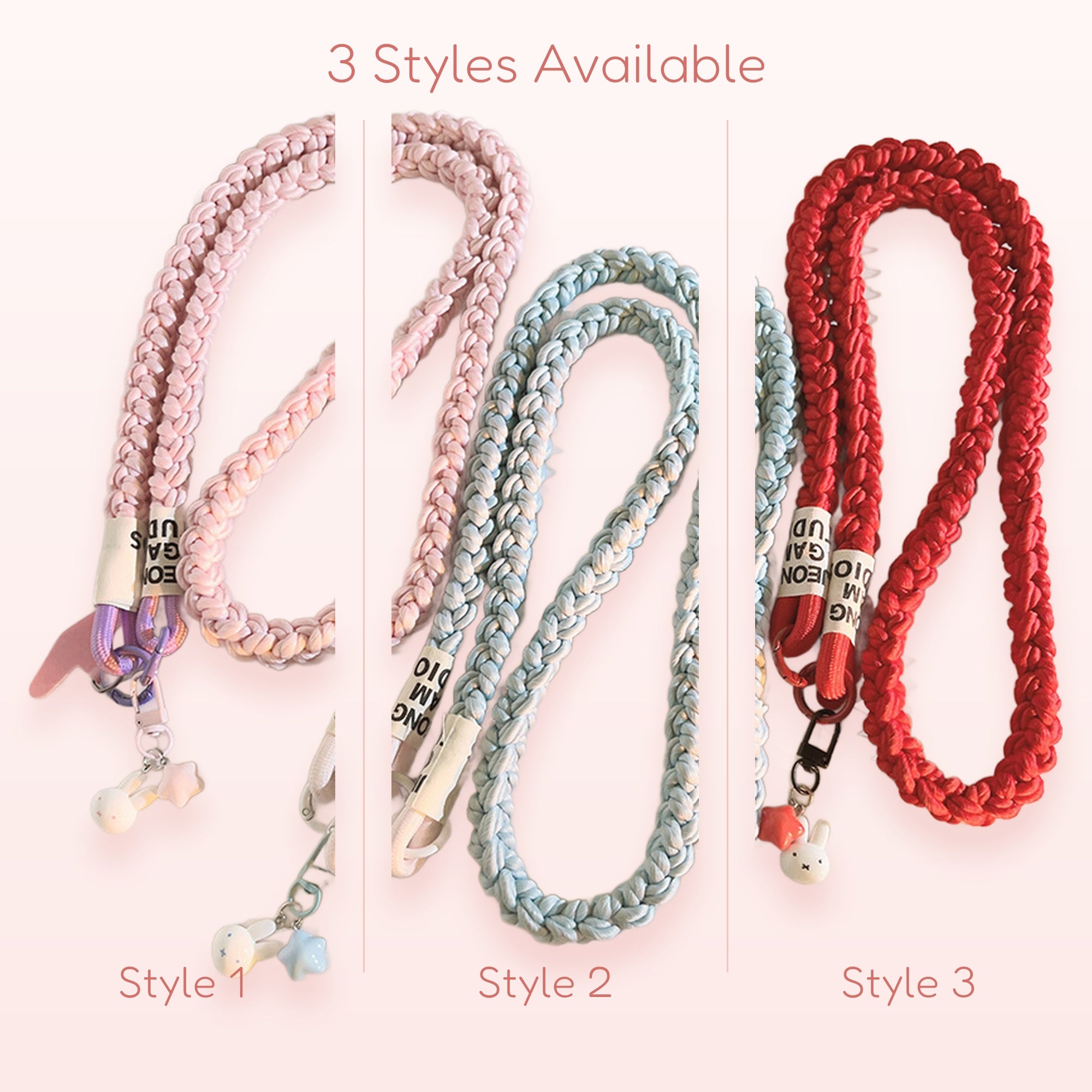 Braided Rope Phone Lanyard | Pastel Pink Blue Red Crossbody Strap with Charms
