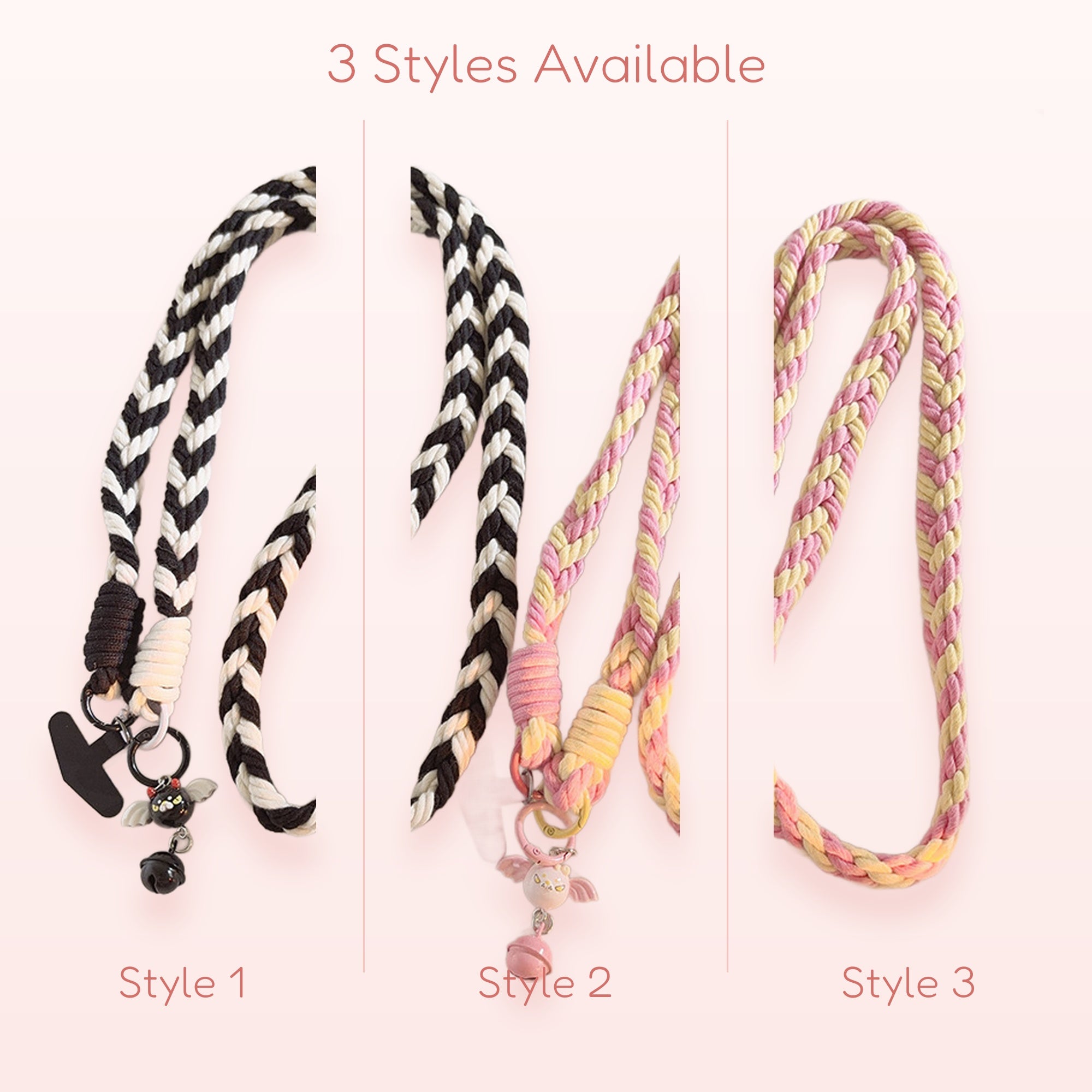 Cute Braided Lanyard Phone Charm | Black & White or Pink & Yellow Angel Wing Bell Strap