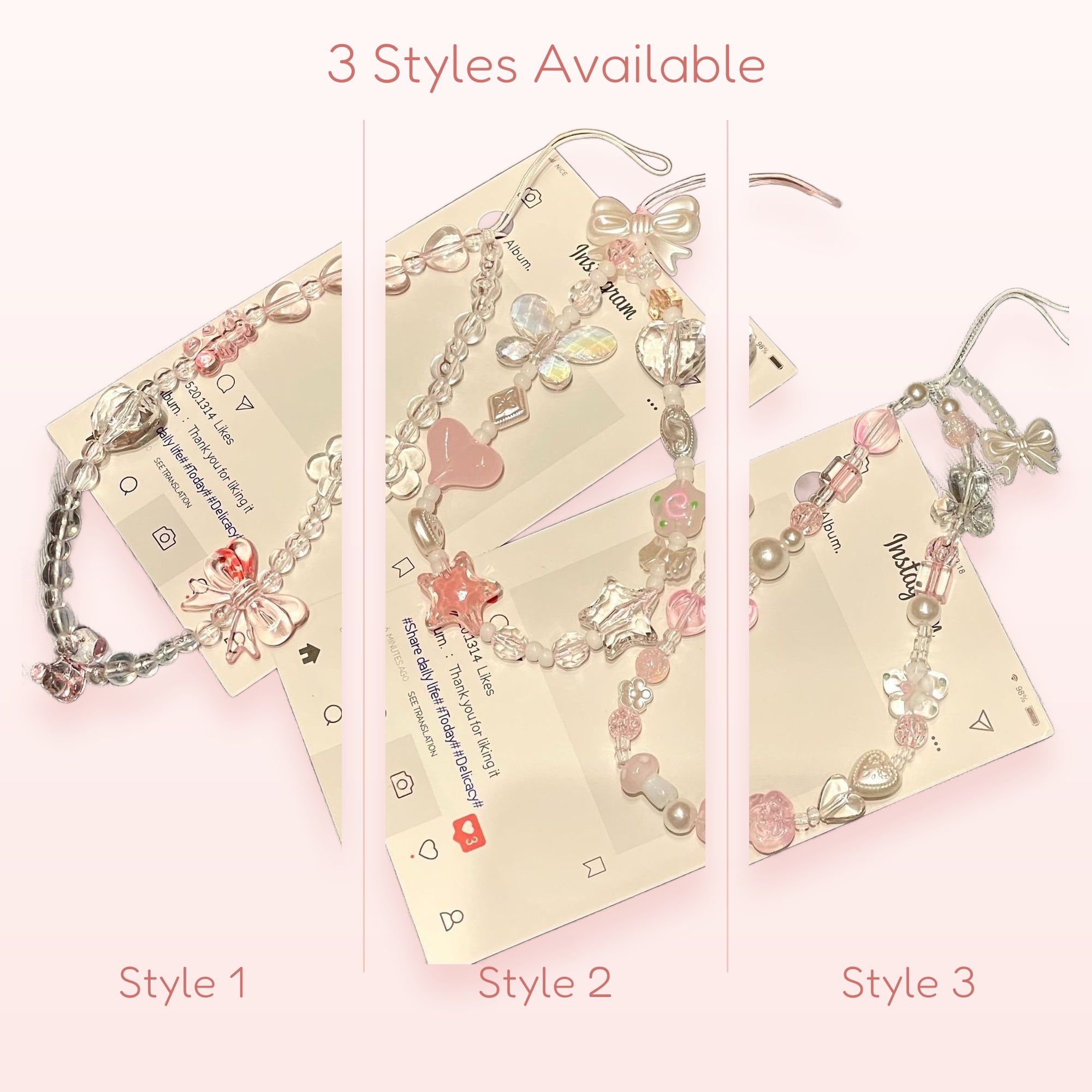 Kawaii Pink & Clear Beaded Phone Charm Strap | Pastel Butterfly & Heart Wrist Lanyard