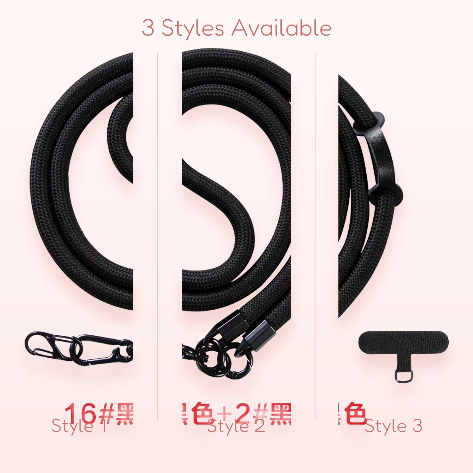Black Braided Rope Phone Lanyard | Adjustable Crossbody Strap with Metal Clasps