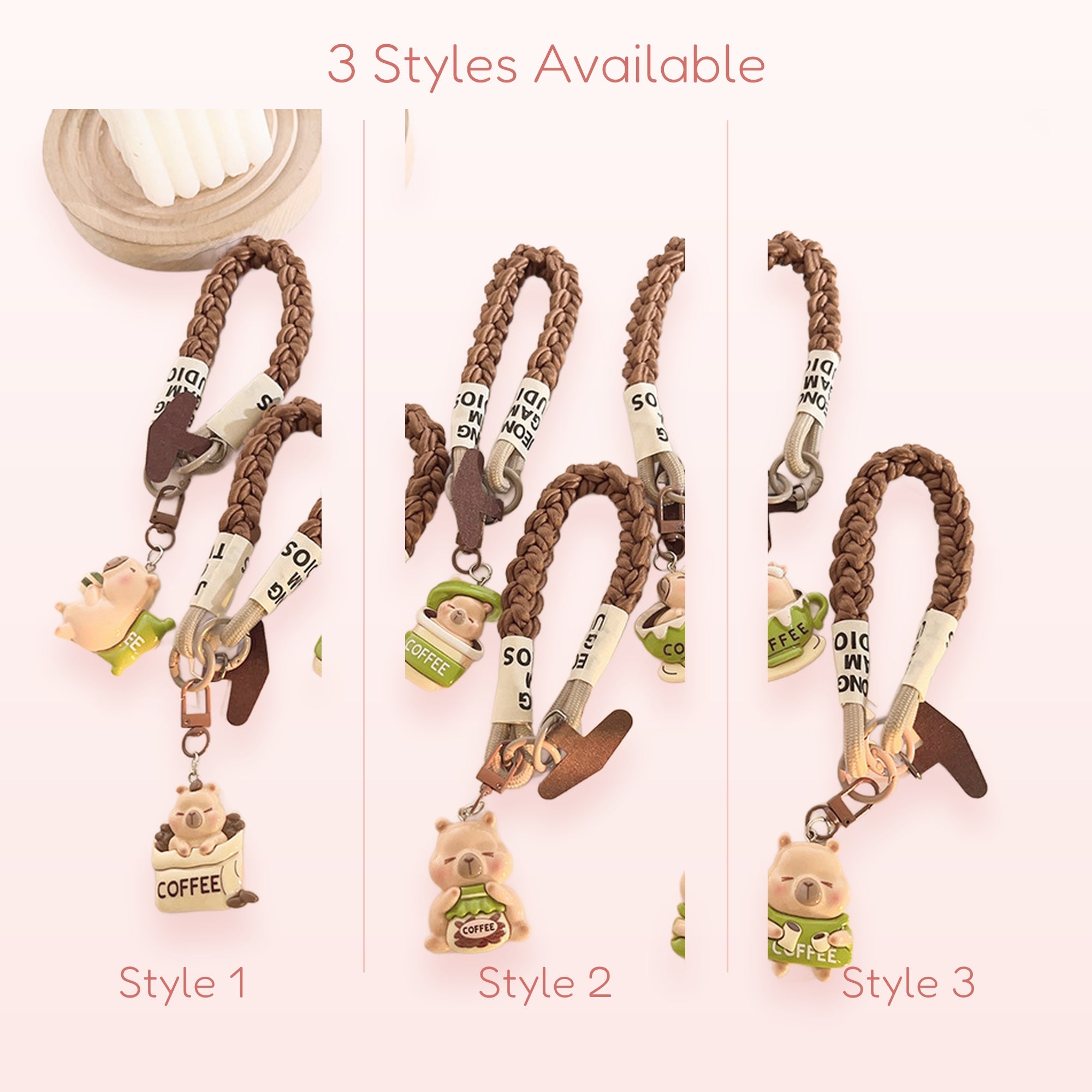 Cute Coffee Bear Braided Phone Charm Strap | Kawaii Animal Wrist Lanyard