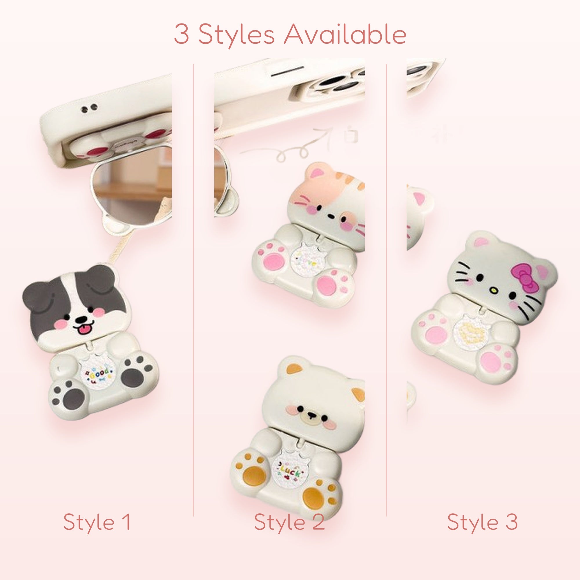 Cute Animal Face Phone Grip with Mirror | Kawaii Foldable Pop Socket Stand