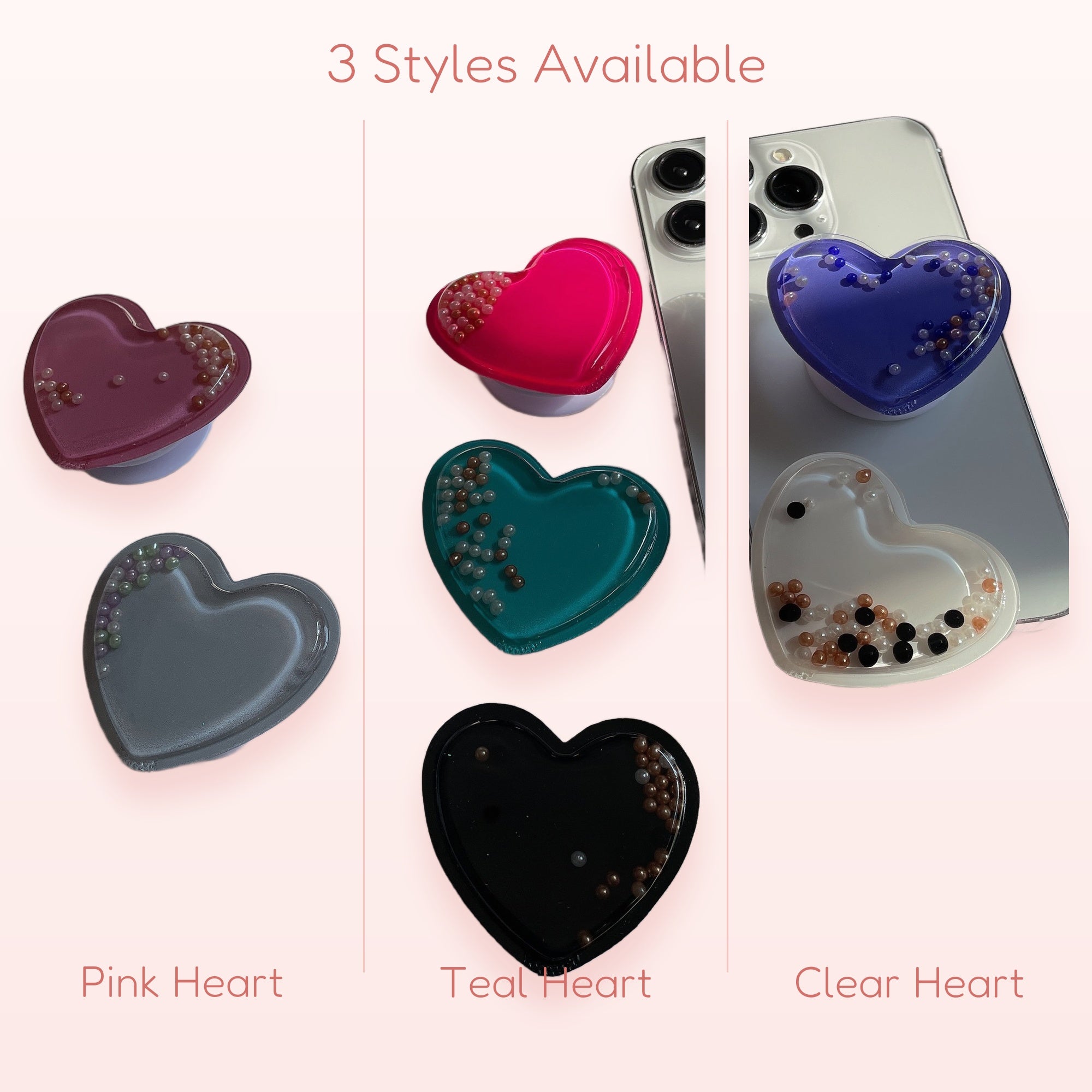 Cute Heart Phone Grip with Shimmering Beads | Kawaii Phone Stand