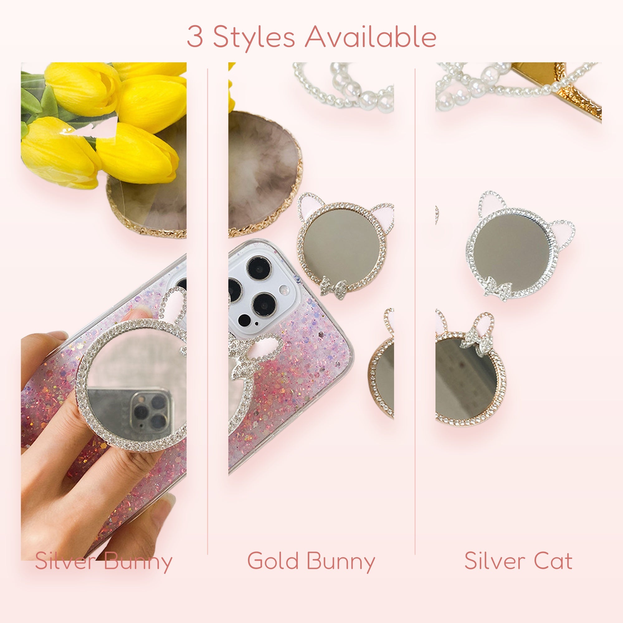 Kawaii Bunny Mirror Phone Grip | Crystal Bling Phone Stand