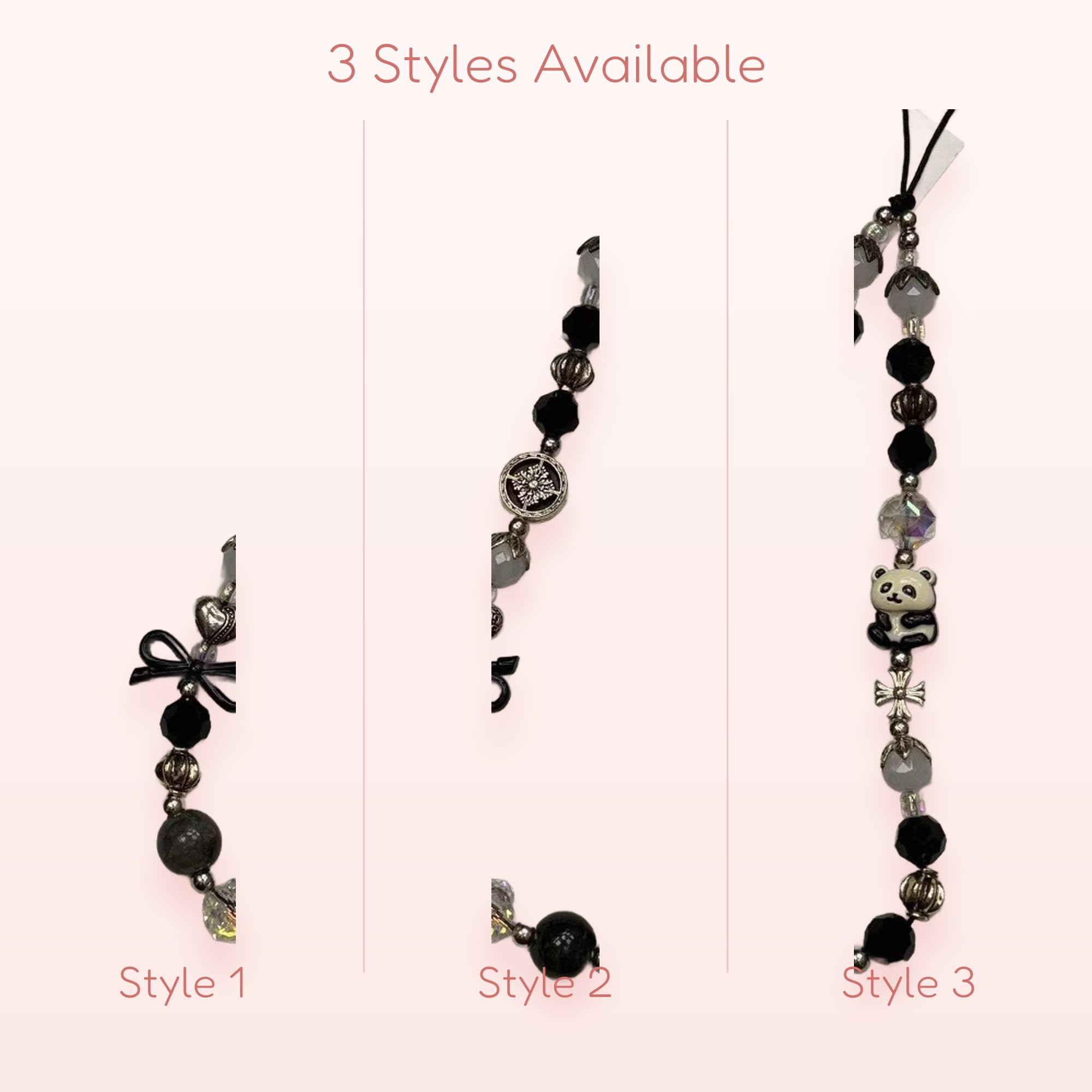 Black & White Beaded Panda Phone Charm | Aesthetic Snowflake & Bow Wrist Strap