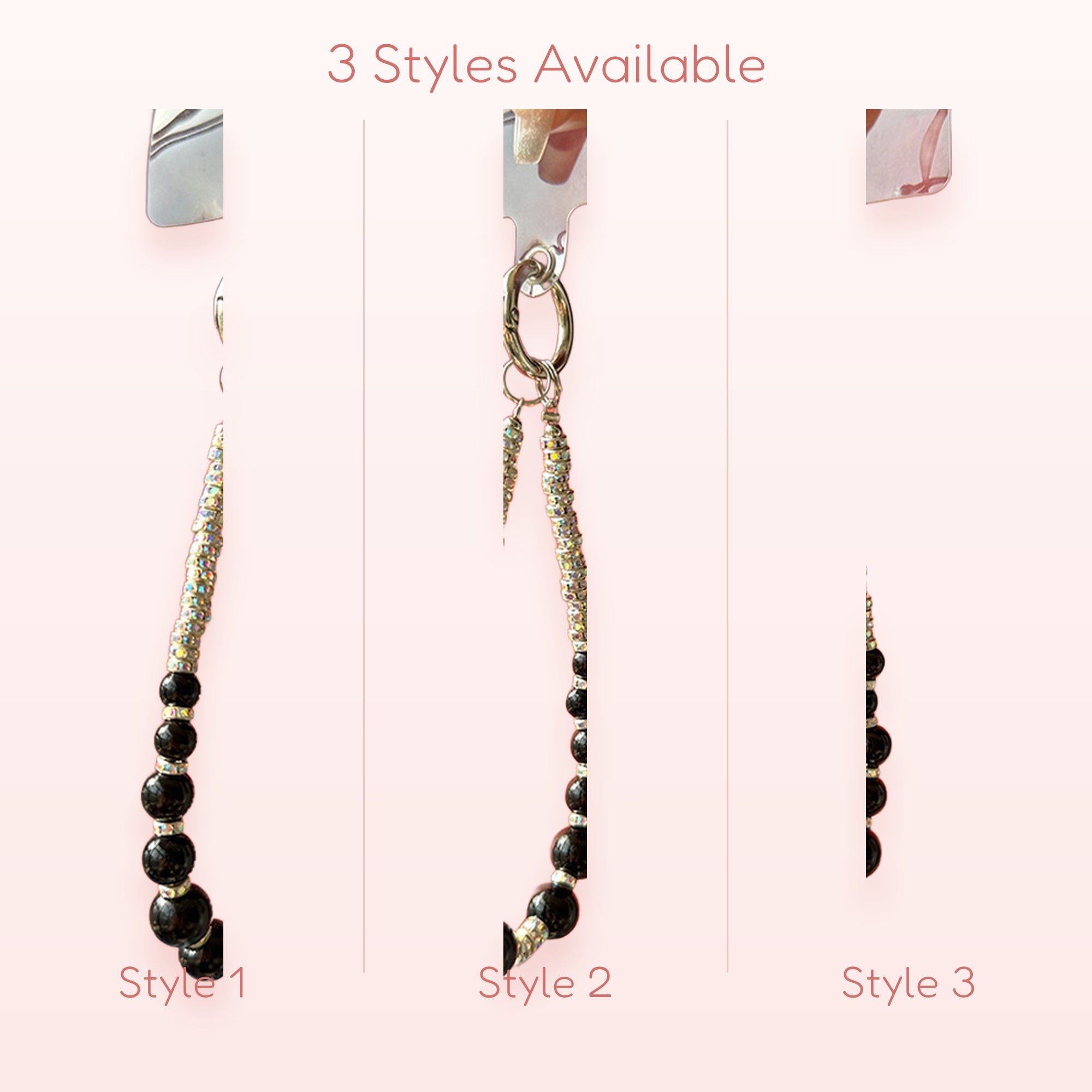 Black Beaded & Rhinestone Phone Charm Strap | Aesthetic Y2K Wrist Lanyard
