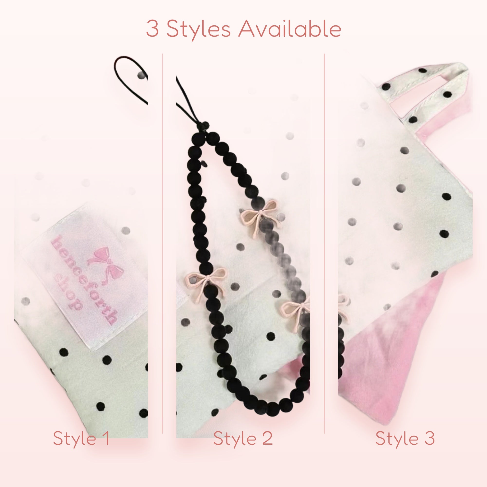 Black Beaded Phone Charm with Pink Bows | Cute Wrist Strap Lanyard