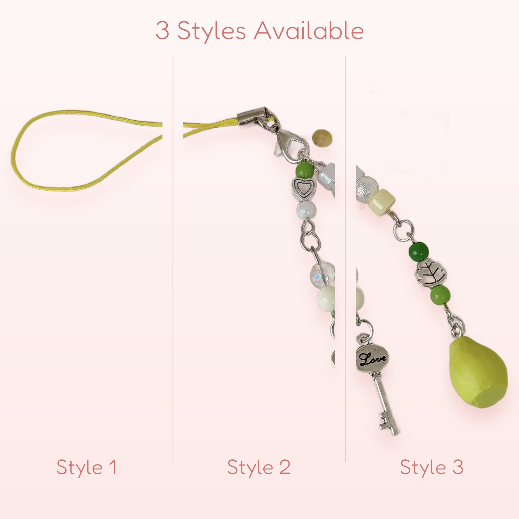 Aesthetic Green & White Beaded Phone Charm | Cute Pear & Key Dangle Strap