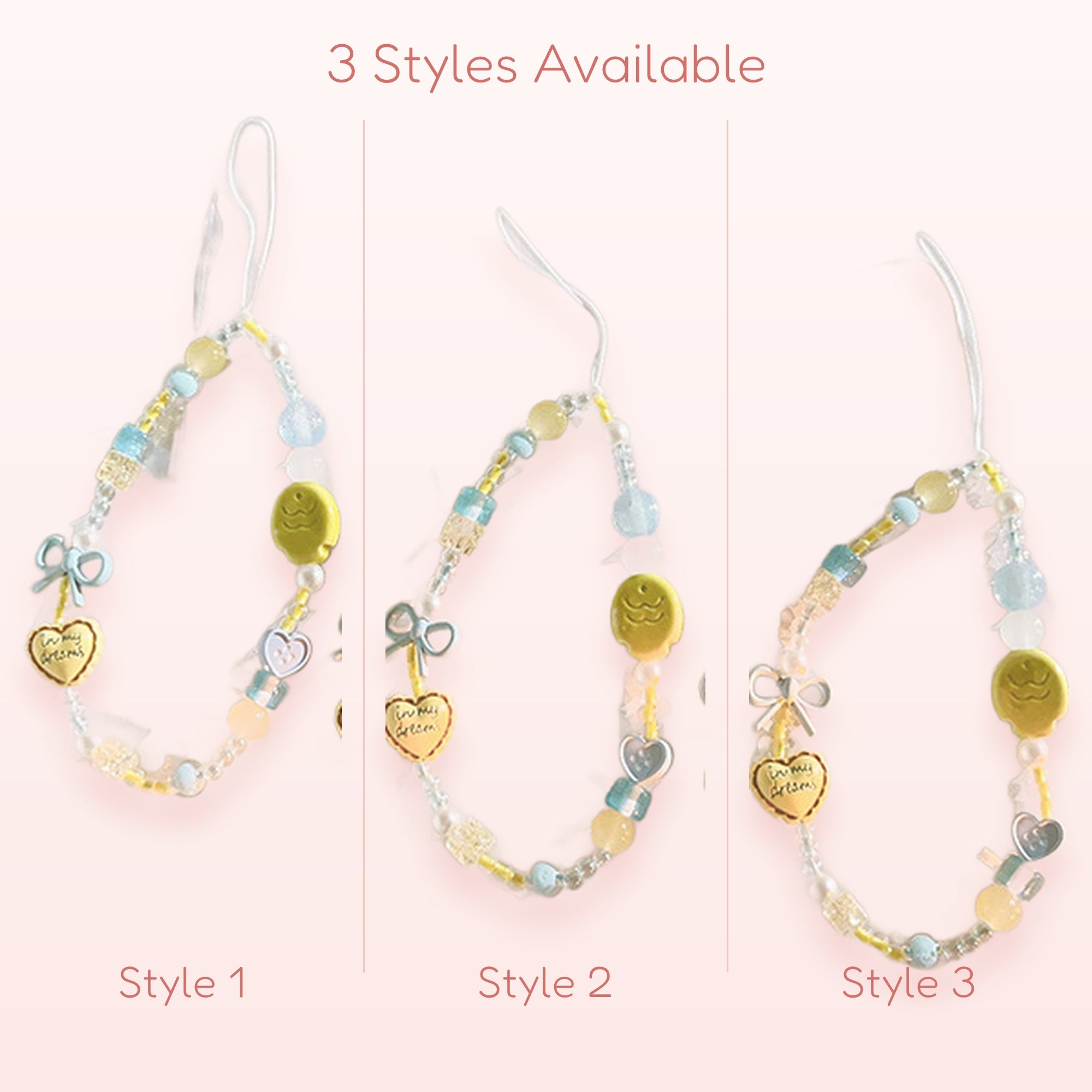 Kawaii Pastel Beaded Phone Charm Strap | Cute Yellow Smiley Face & Heart Lanyard