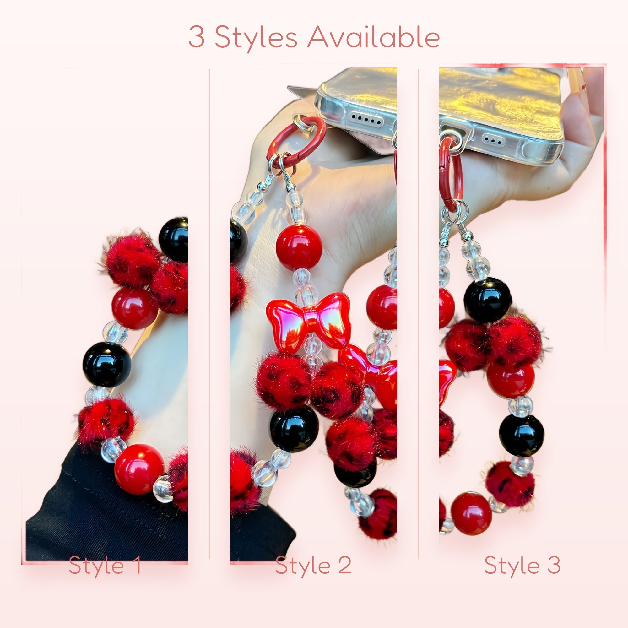 Kawaii Red & Black Beaded Phone Charm Strap | Fuzzy Pom Pom & Bow Wrist Lanyard