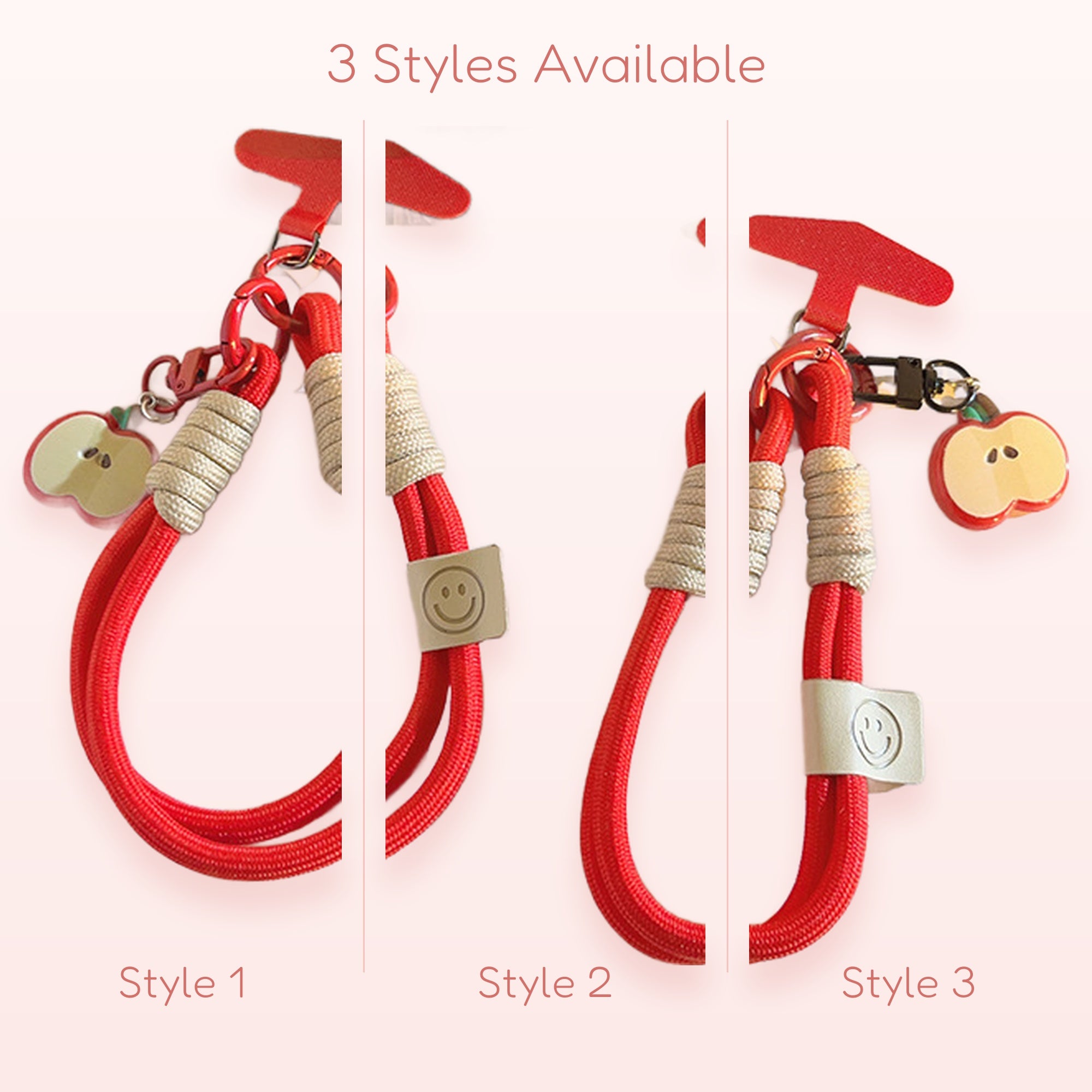 Red Apple Smiley Face Phone Charm Strap | Cute Wrist Lanyard