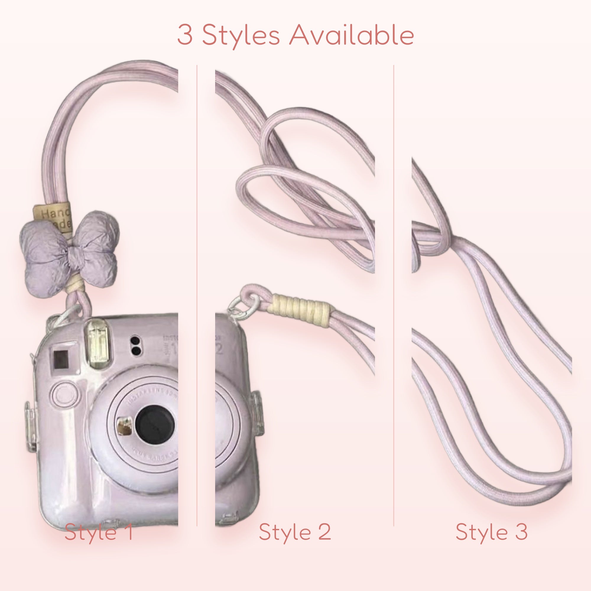 Lilac Bow & Handmade Tag Camera Lanyard | Cute Pastel Instax Mini Strap