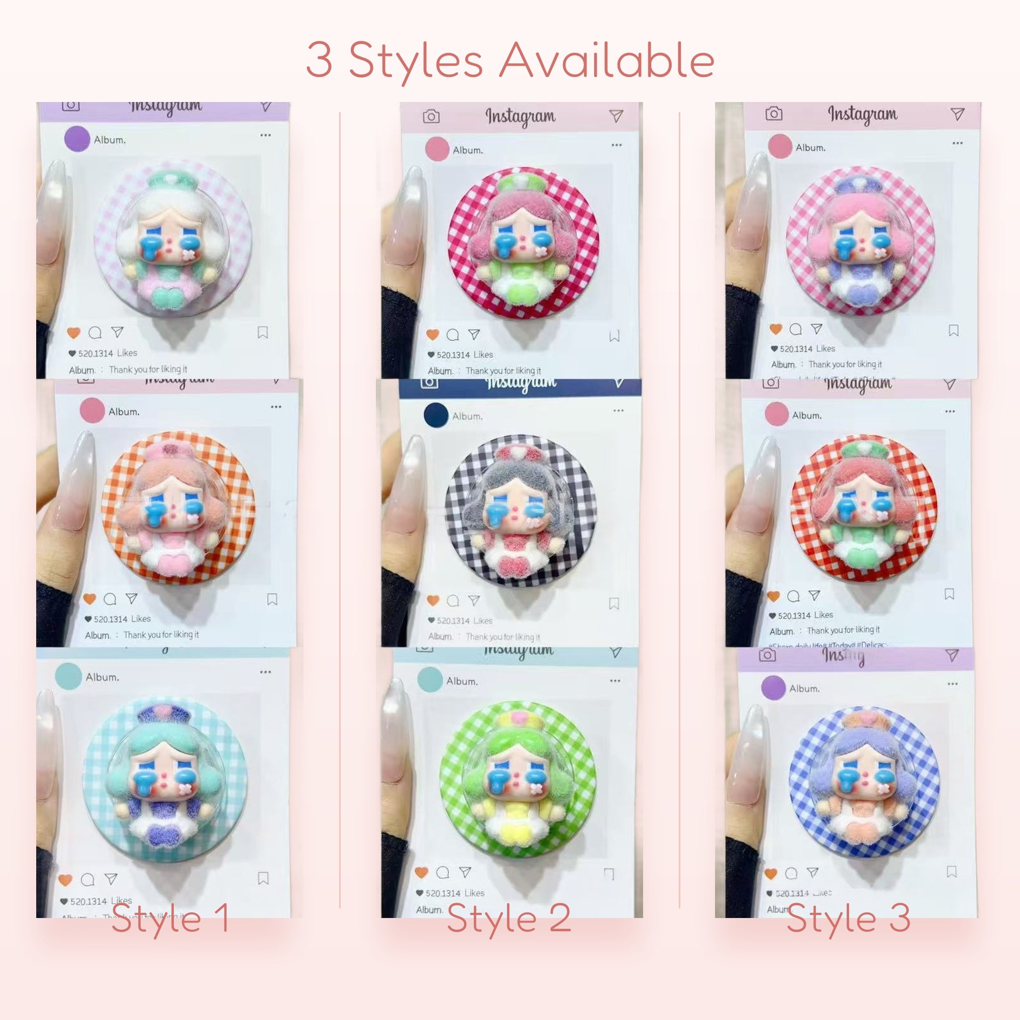 Kawaii Crying Girl Phone Grip | Pastel Gingham Pop Socket Stand