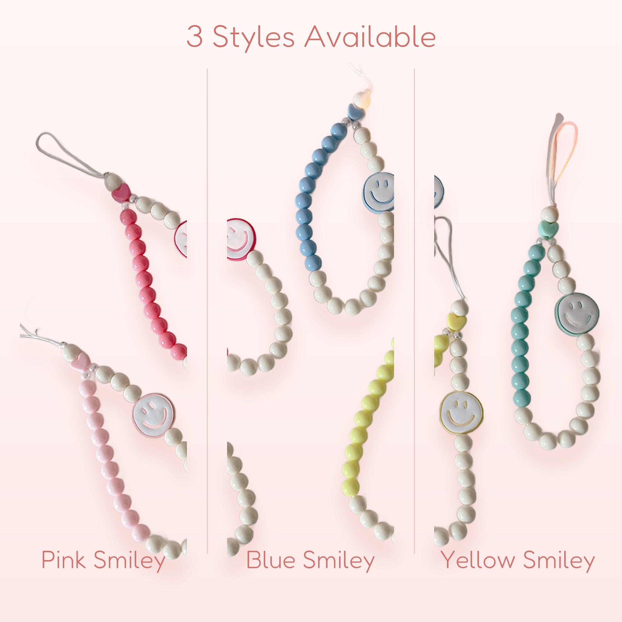 Kawaii Smiley Face Bead Phone Charm Strap | Pastel Wrist Lanyard | Cute Y2K Phone Accessory | Gift for Her | Aesthetic Phone Charm