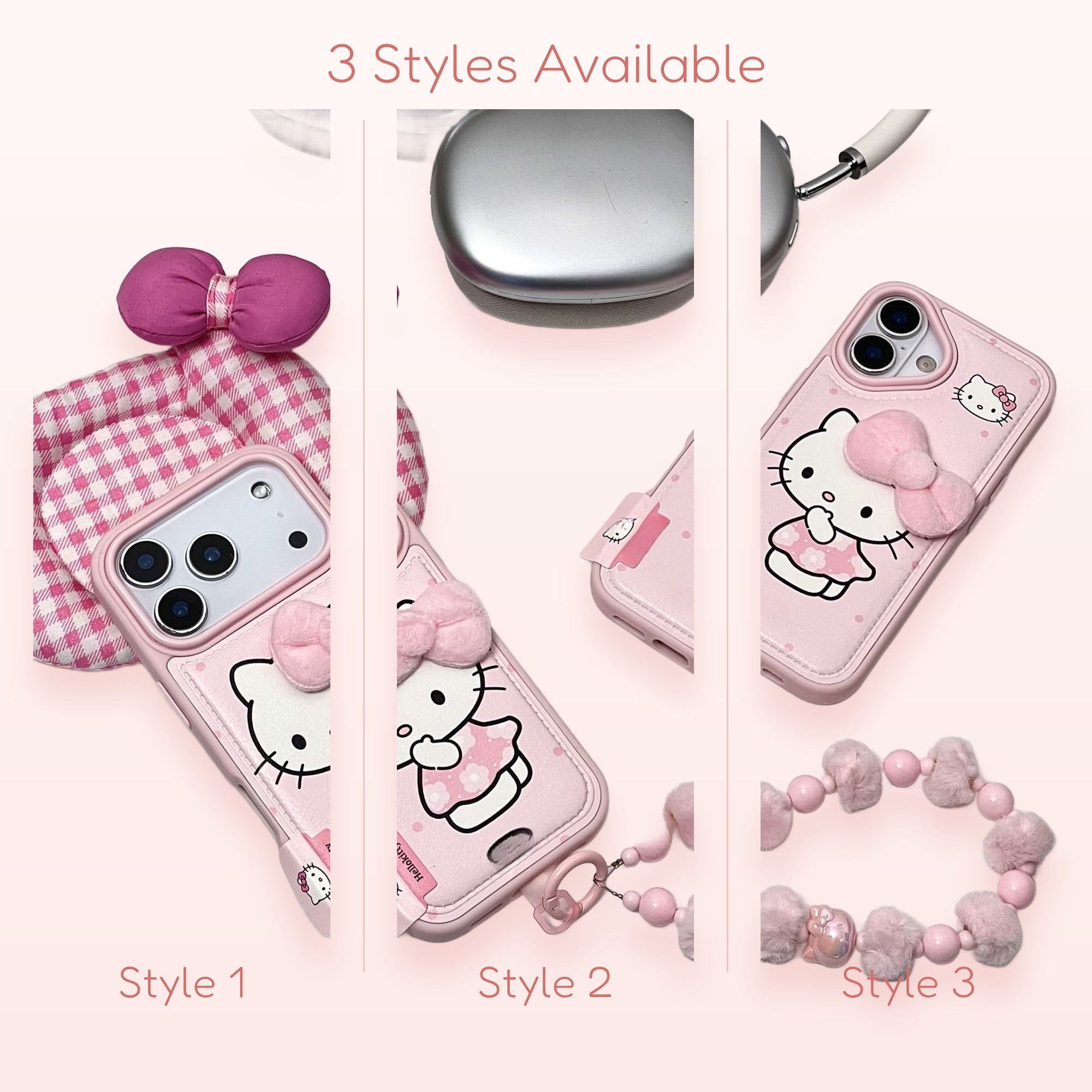 Pink Hello Kitty Beaded Phone Charm | Cute Fluffy Pom Pom Wrist Strap