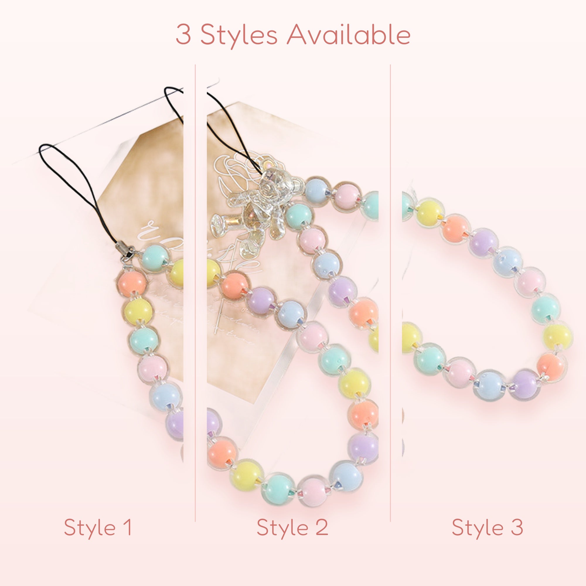 Kawaii Pastel Bead Phone Charm Strap | Cute Wrist Lanyard with Bear