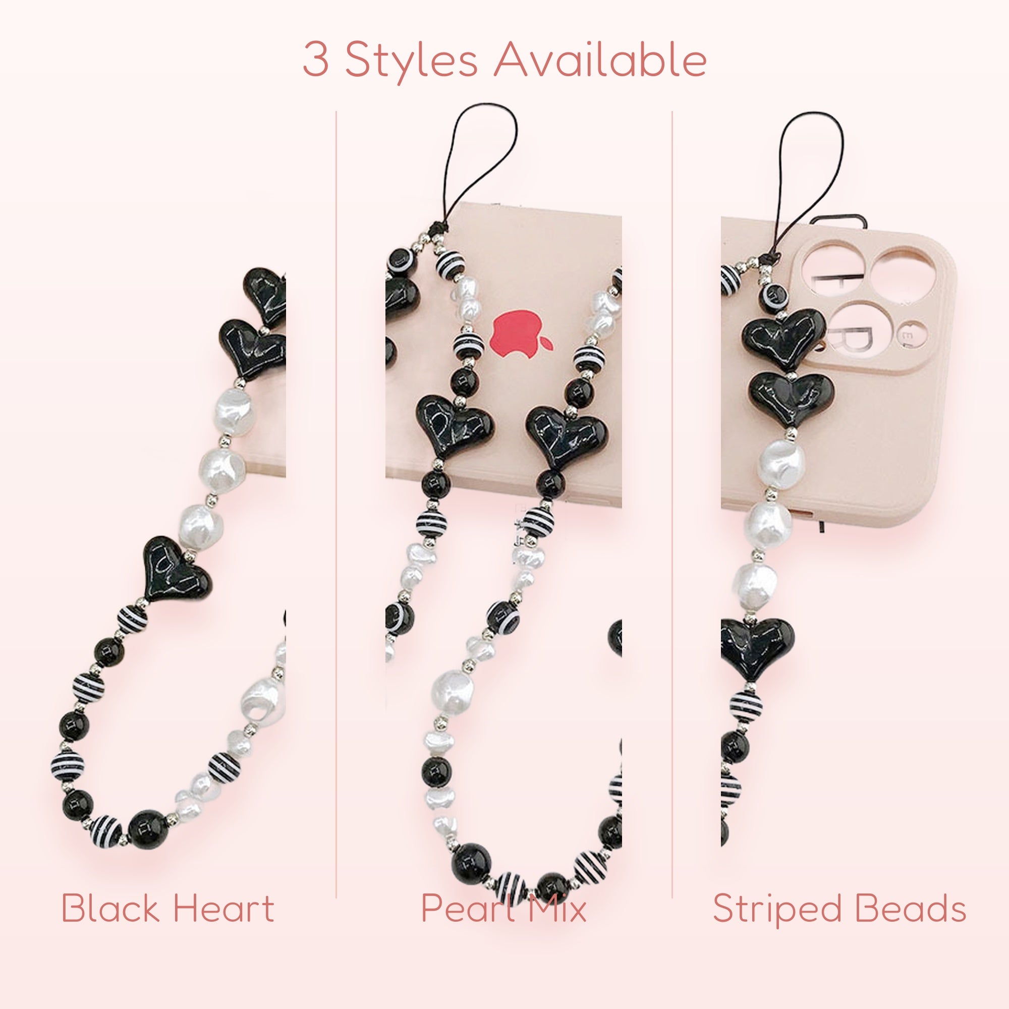 Black Heart & Pearl Phone Charm Strap | Cute Beaded Wrist Lanyard