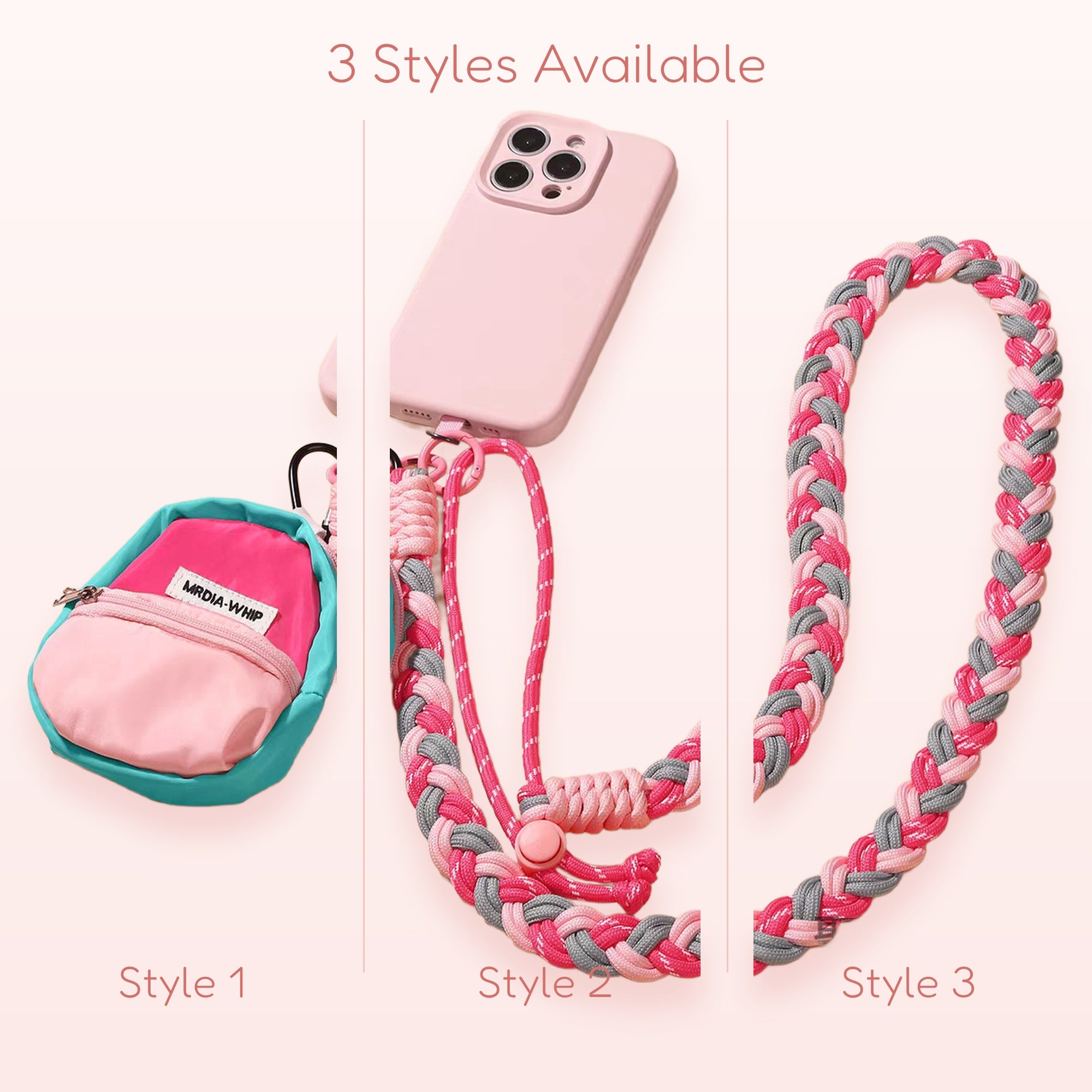 Adjustable Braided Crossbody Phone Lanyard | Pink & Gray Woven Strap with Mini Pouch