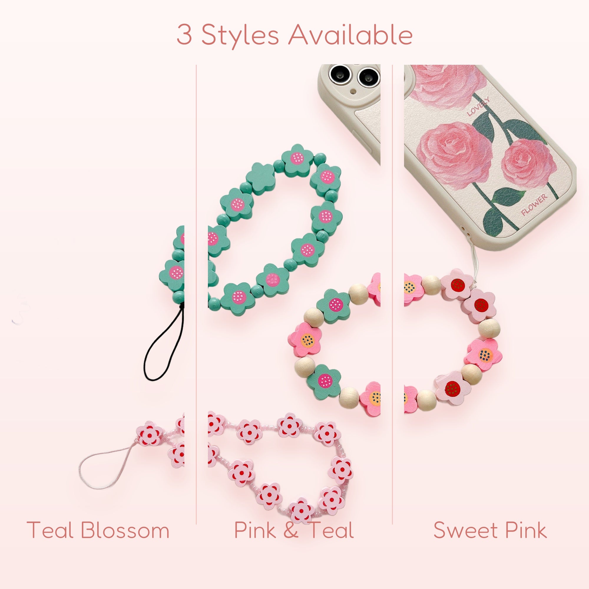 Kawaii Flower Bead Phone Charm Strap | Cute Wooden Wrist Lanyard