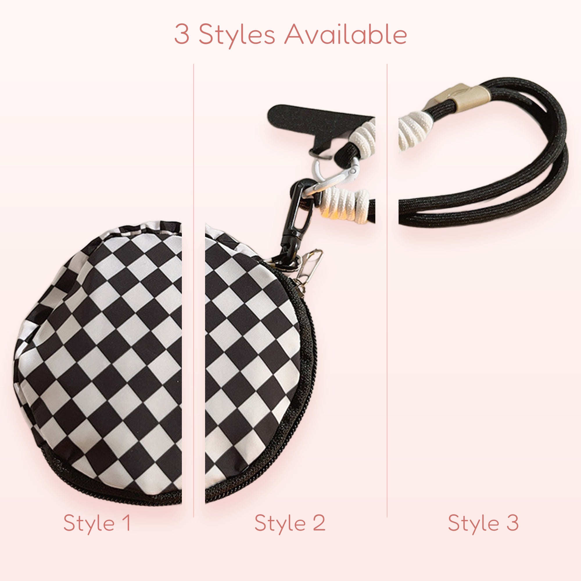 Black & White Checkered Pouch Phone Charm | Aesthetic Mini Zippered Bag Lanyard
