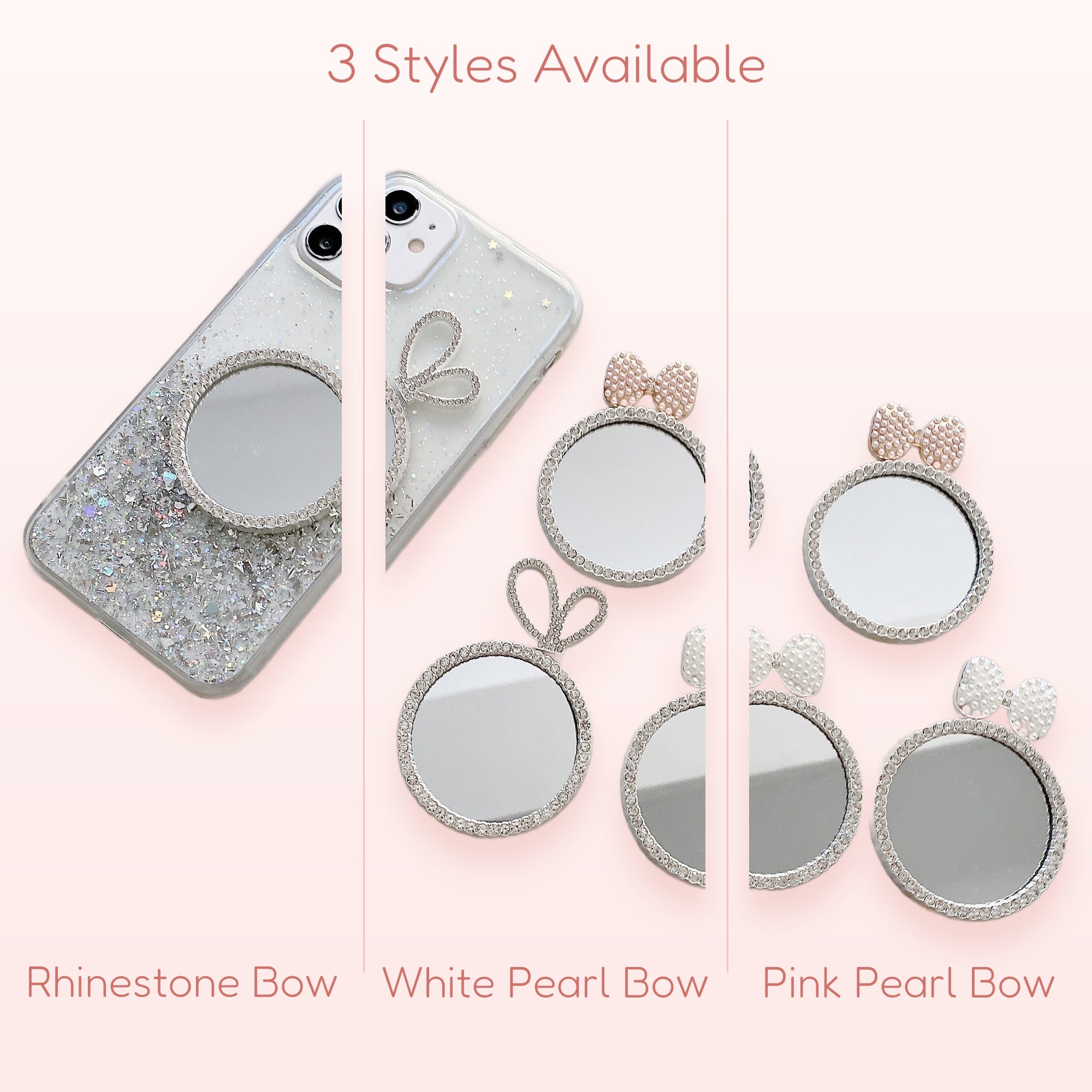 Sparkle Mirror Phone Grip | Rhinestone Bow Phone Stand | Kawaii Phone Accessory | Cute Pop Socket | Gift for Her